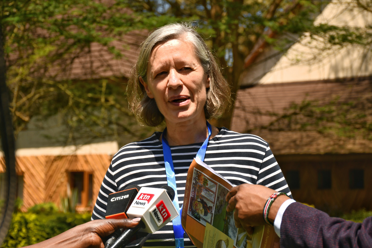 Prof. Isabelle Baltenweck, an economist at the International Livestock Research Institute (ILRI) in Nairobi addressing the press in Naivasha on Monday on the sidelines of a five-day stakeholders’ engagement on enhancing adequate livestock feeds system where she reiterated the deployment of data to inform policy decisions on feeds stock and availability for farmers.