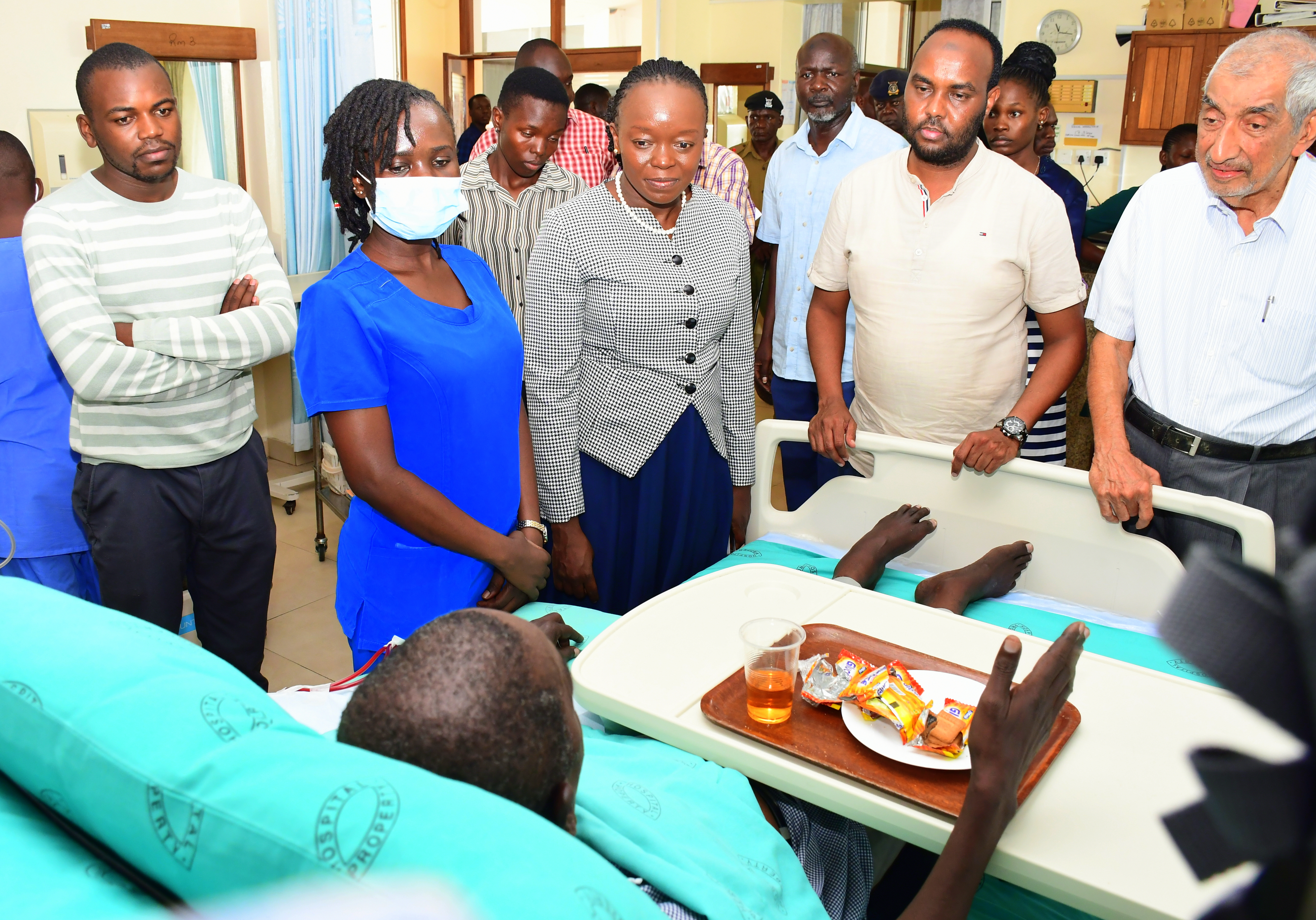 Cabinet Secretary (CS) for Health Dr Deborah Mulongo Barasa (Third L) visits patients in the Renal unit at Coast General Teaching and Referral Hospital (CGTRH) during her Coast region health facility evaluation tour. Photo/Andrew Hinga