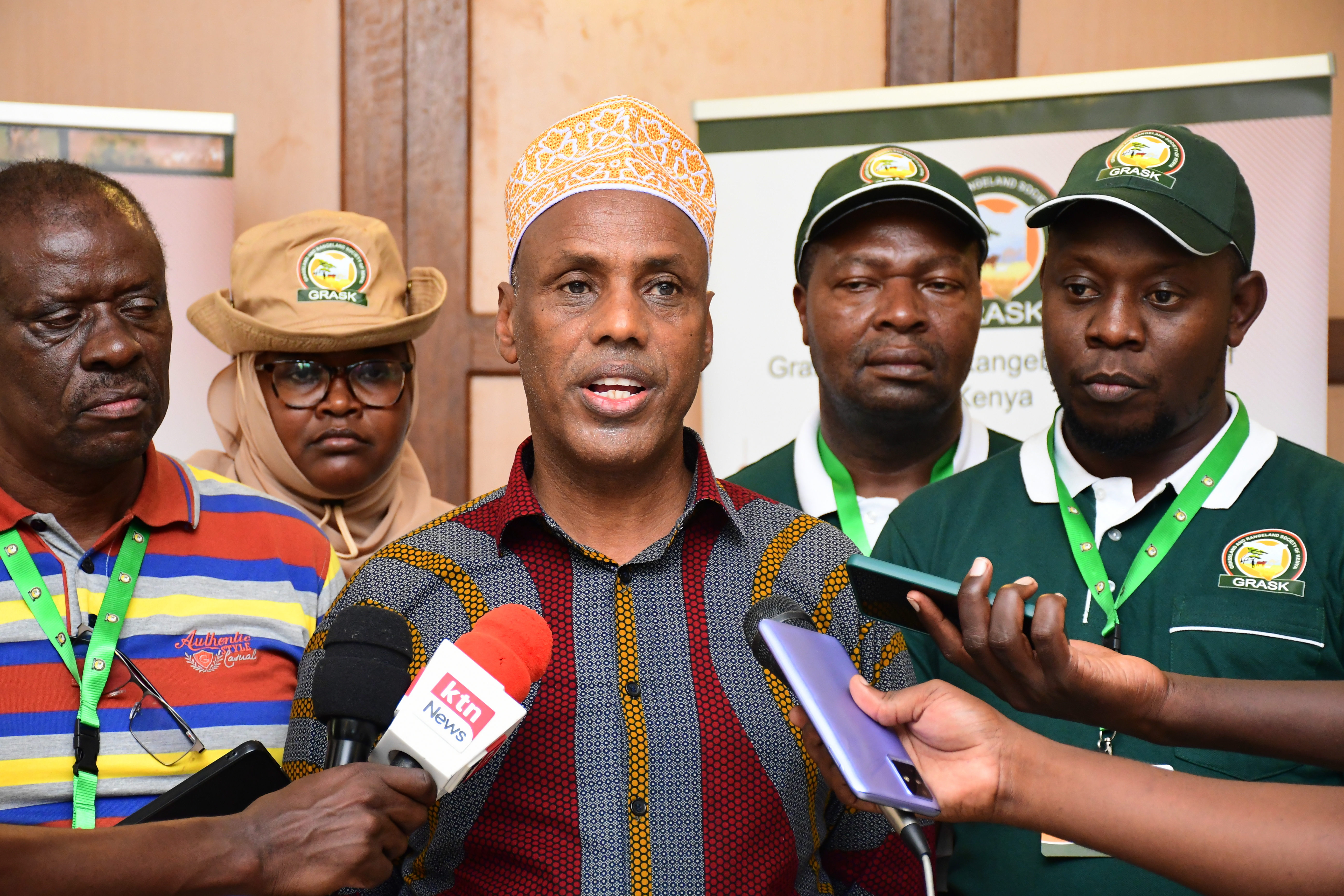 Director of Livestock Production at the Ministry of Agriculture Bashir Elmi (c) briefs the media on the sidelines of the Grasslands and Rangelands Society of Kenya (GRASK) 1st Annual conference, Mombasa. Photo/Andrew Hinga