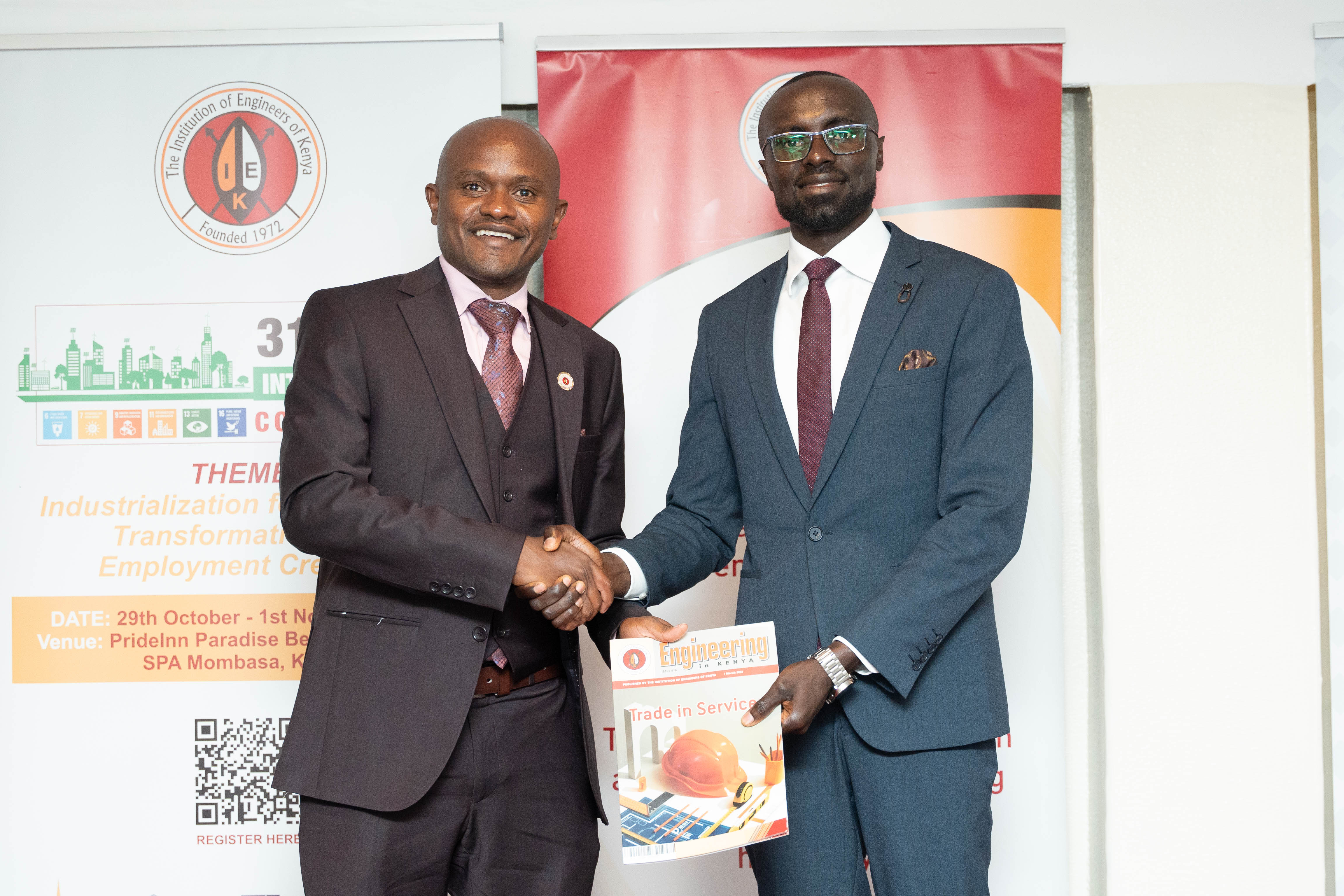 The President of the Institute of Engineers of Kenya Eng. Shammah Kiteme (left) and the Cabinet Secretary Ministry of Water Sanitation and Irrigation Eng. Eric Mugaa during the launch of the 31st Annual International Convention. Photo/Manu Mumba