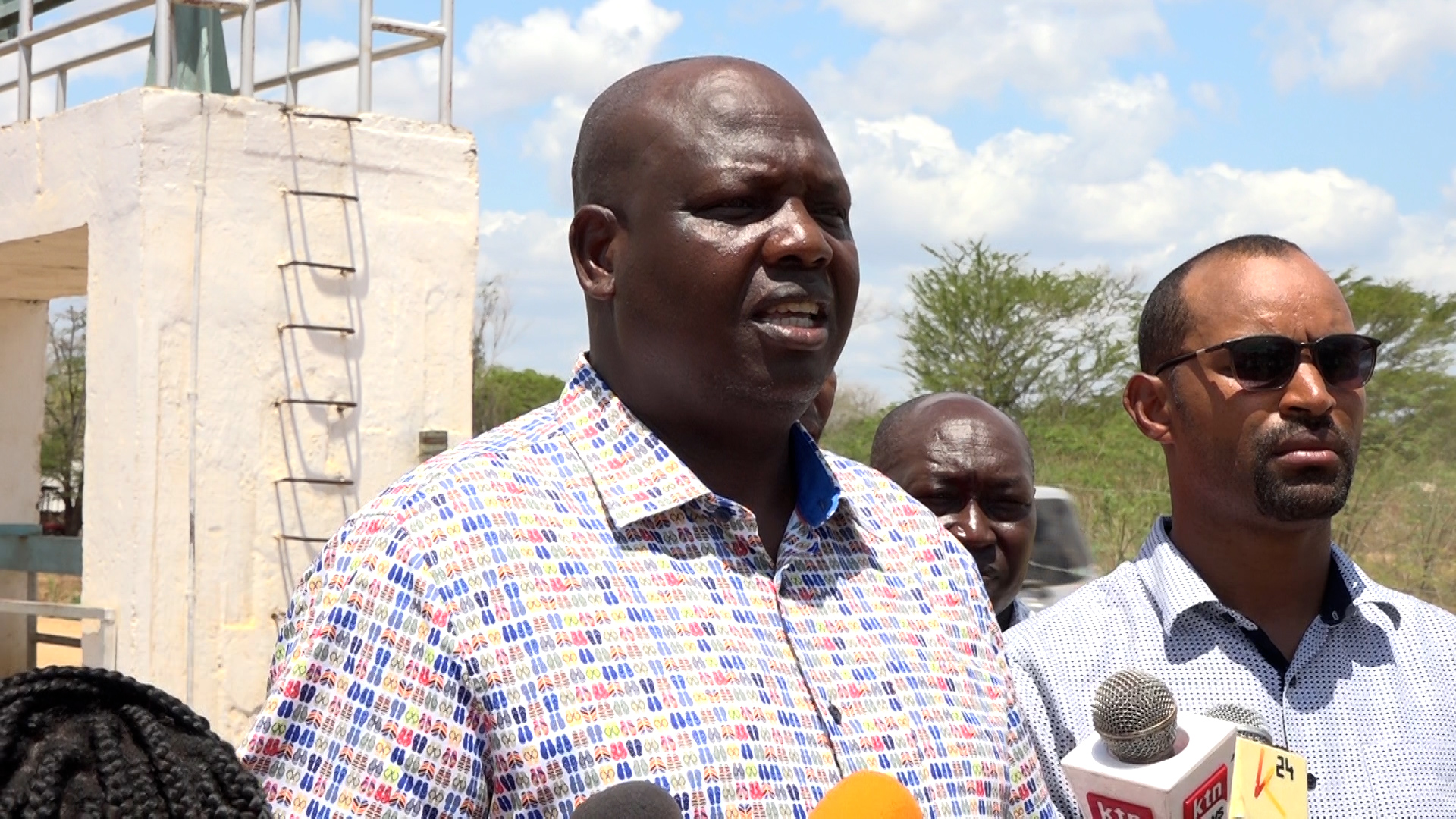 The Chairman of the National Assembly's Committee on Regional Development, Mr. Peter Lochakapong (Sigor), addresses journalists at the rubber dam within the Tana Delta Irrigation Project (TDIP) in Tana River County.