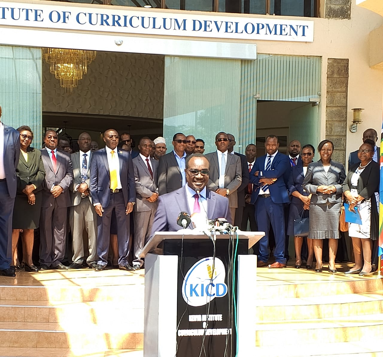 Cabinet Secretary for Education Mr. Julius Ogamba speaking during the roll out of the grade 9 textbooks at Kenya Institute of Curriculum Development in Nairobi.