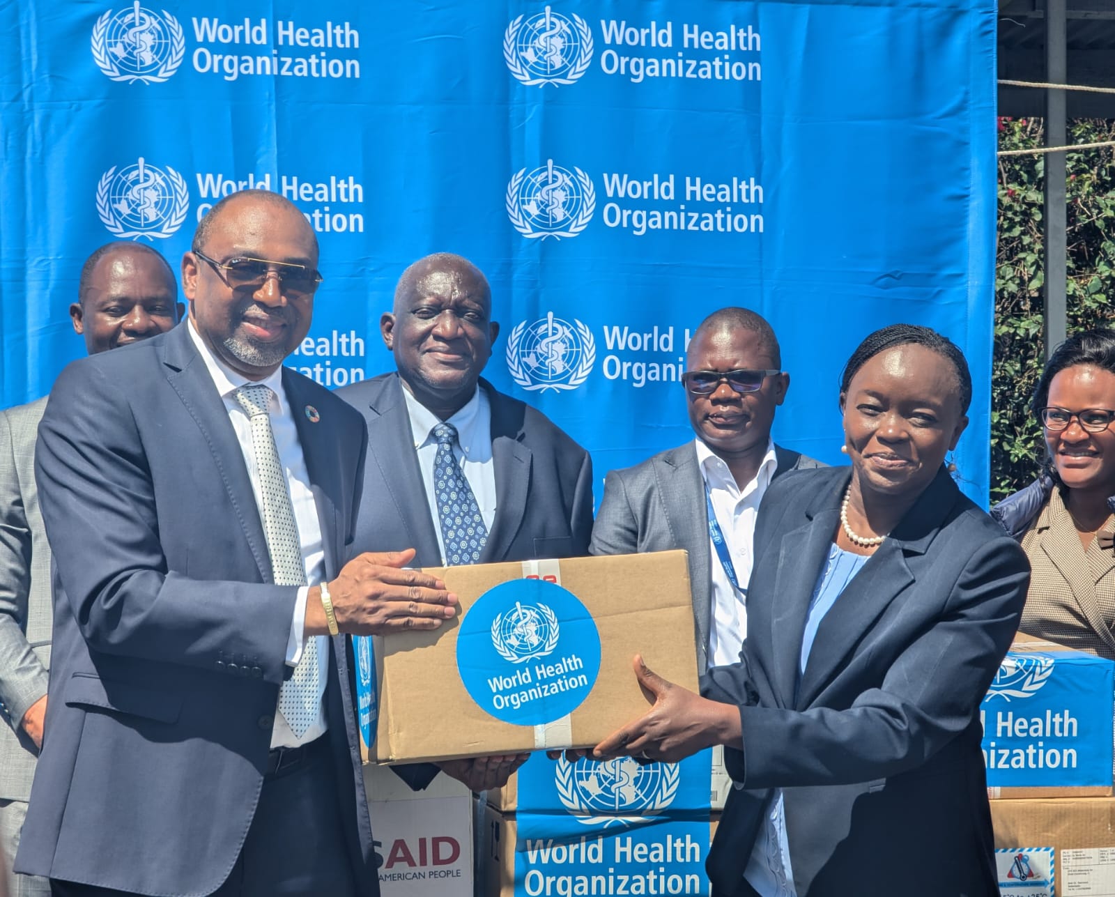 World Health Organization Country Representative Dr. Abdourahmane Diallo hands  over Mpox drugs and testing kits to the Cabinet Secretary of Health Dr. Deborah  Barasa during the handover ceremony of the kits held at Afya House in Nairobi.