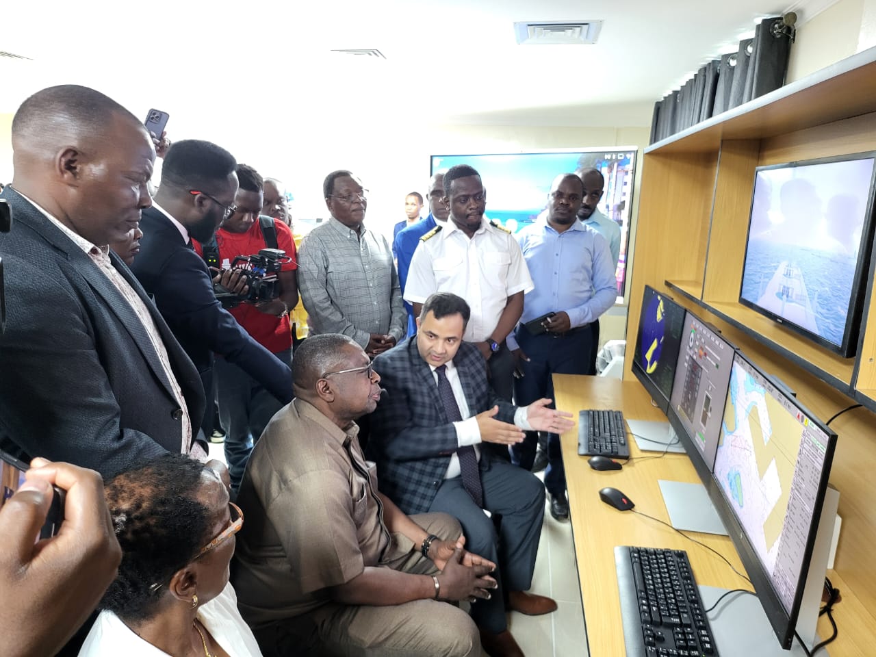 PS, State Department for Shipping and Maritime Affairs,  Ministry of Mining, Blue economy and Maritime affairs,  Geoffrey Kaituko (centre) being taken through aspects  of maritime at the MKU Malindi Maritime Academy