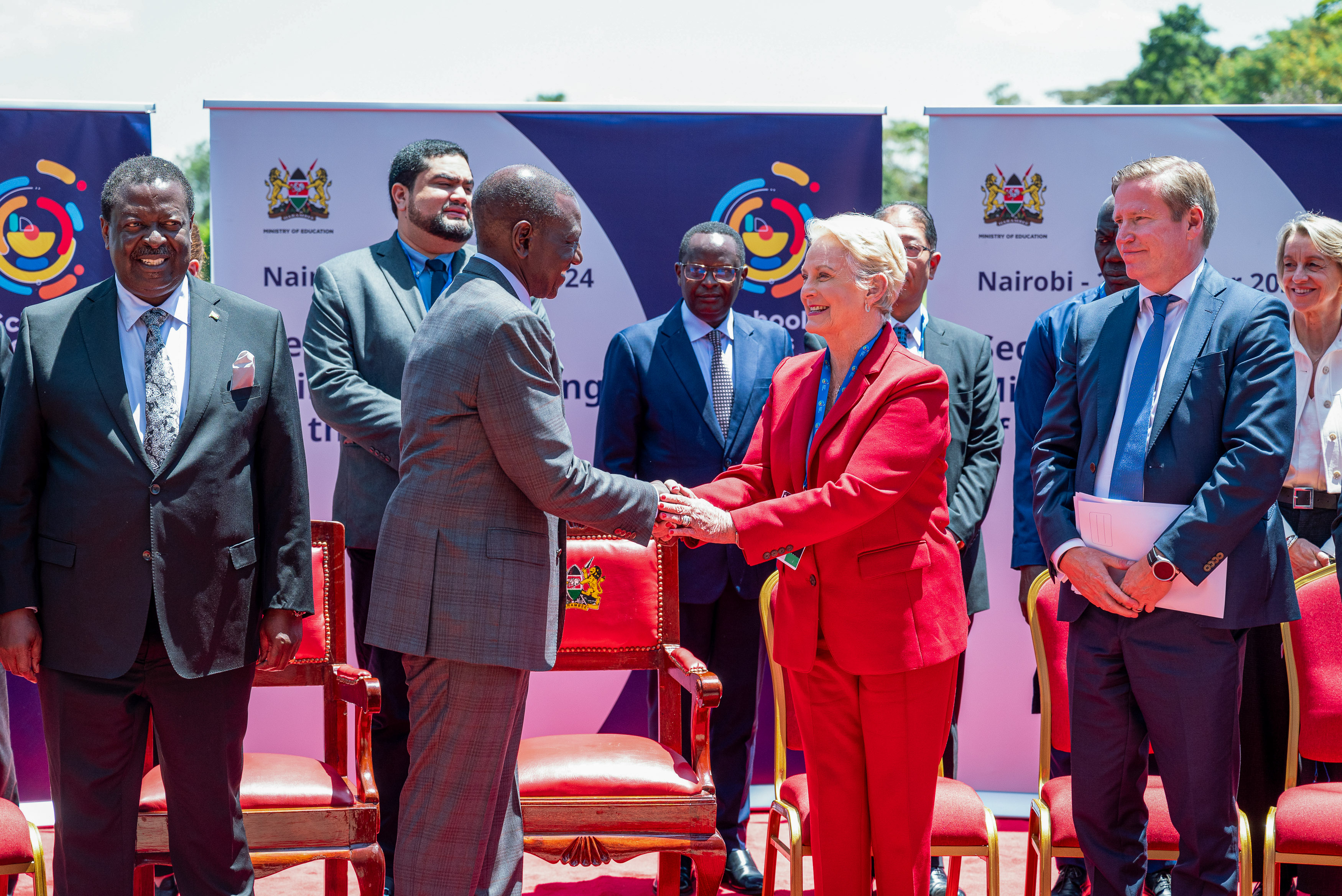 The President of Kenya Dr. William Ruto and the World Food Programme (WFP) Executive Director Cindy McCain share a warm handshake during the Second Ministerial Meeting of the Task Force of the School Meals Coalition in Nairobi.