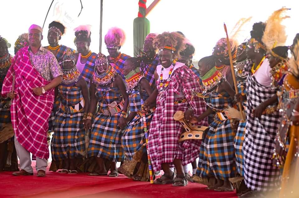 President William Ruto enjoys a dance during the Turkana cultural and tourism festival. 