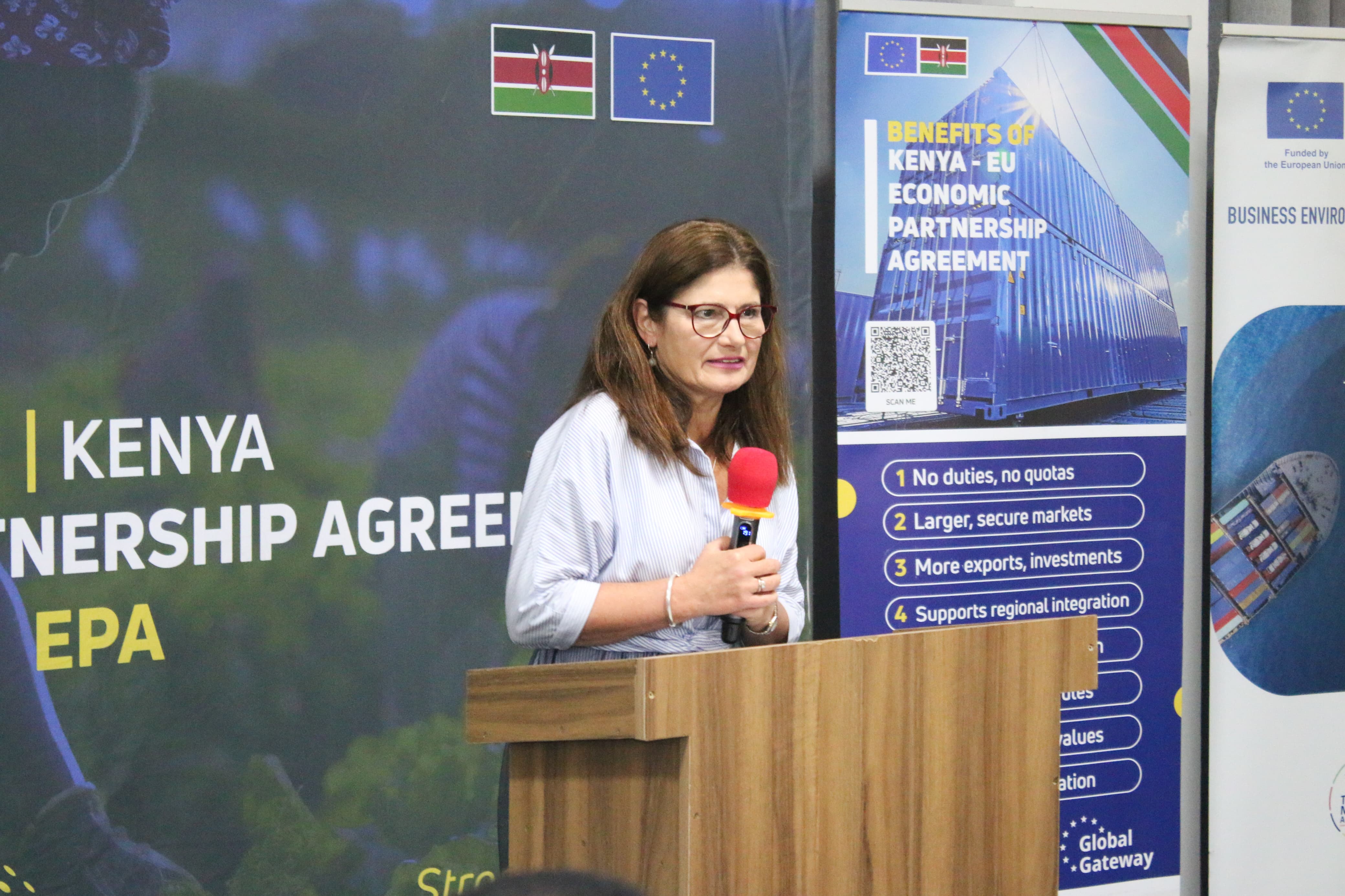 European Ambassador to Kenya Henriette Geiger speaking during the sensitisation forum of Kenya- European Union(EU) Economic Partnership Agreement (EPA) at Athi River Machakos county. Photo/Anne Kangero 