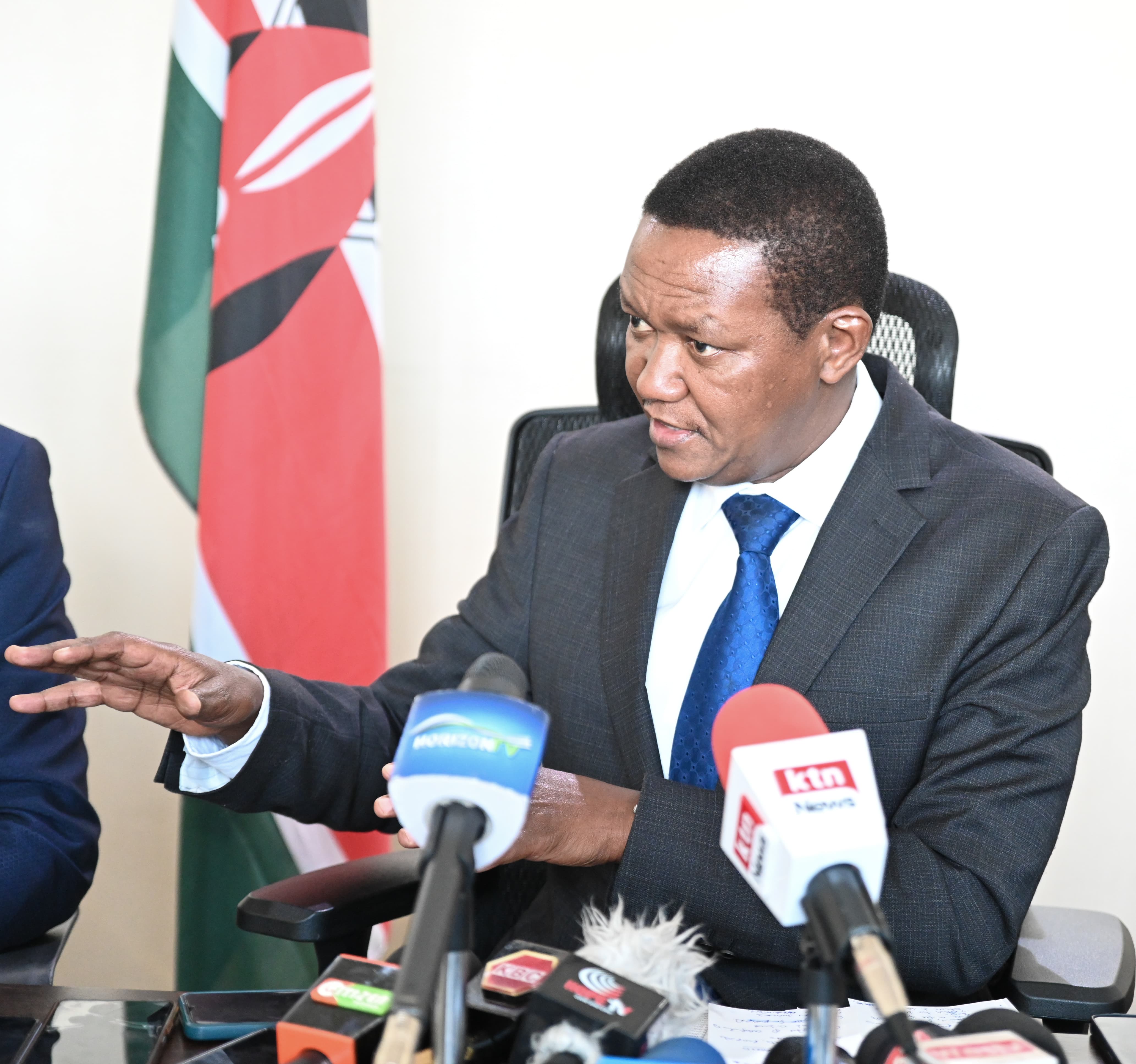  Cabinet Secretary for Labour and Social Protection Dr Alfred Mutua speaking at a press briefing at his office in Nairobi during the announcement of the available overseas jobs and commencement of the National recruitment tour.