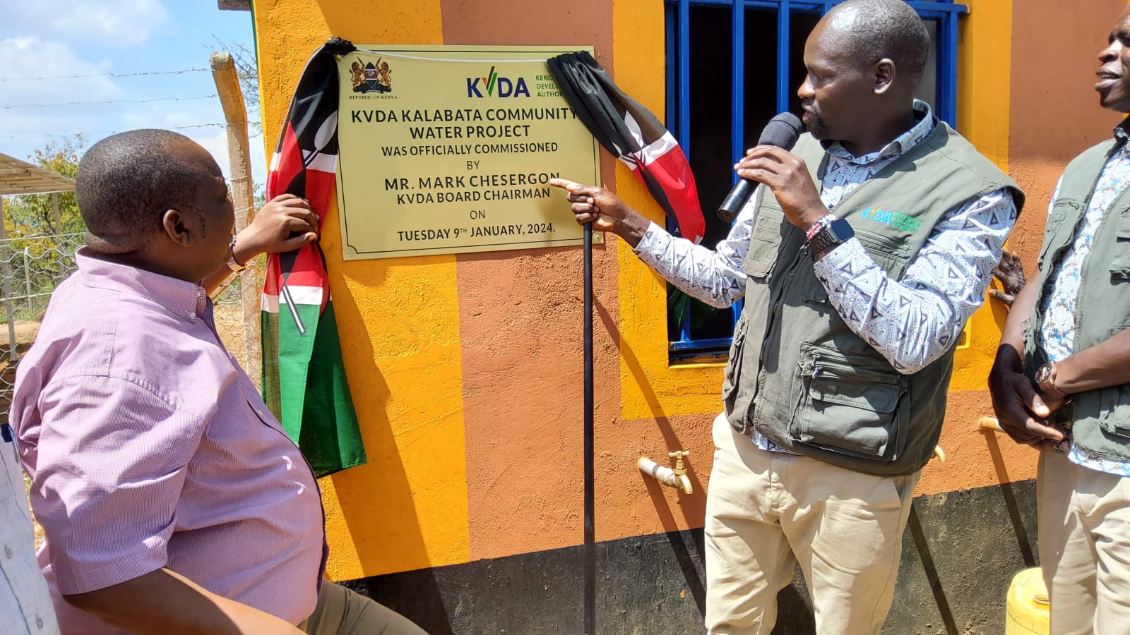 KVDA Board chairman Mark Chesergon (right) and Baringo North MP Joseph Makilap commissions Kalabata borehole