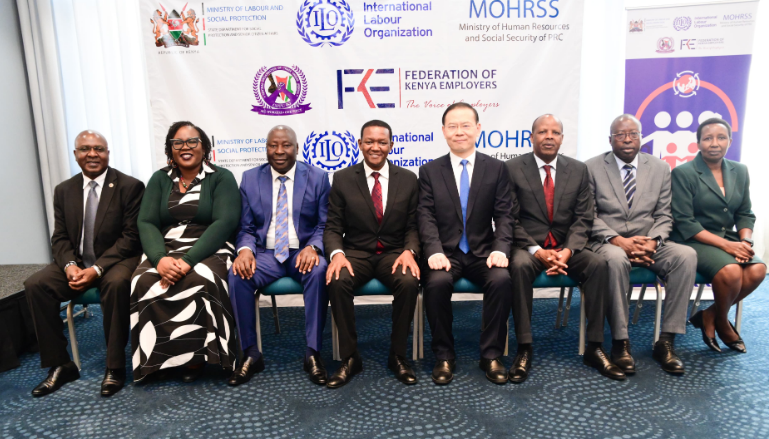 Cabinet Secretary for Labour and Social Protection Alfred Mutua (fourth left),Vice Minister of Human Resources and Social Security of China (fourth right),ILO Director, Tanzania Country office, Caroline Mugalla (second left),  with stakeholders during the launch of the South-South Cooperation  project.