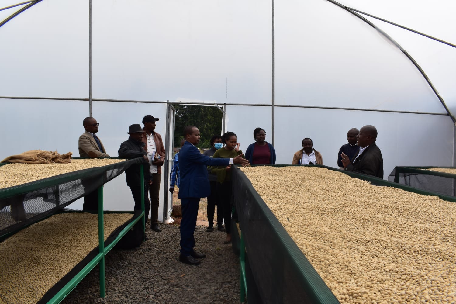 Nyeri County Climate Change Director Yvonne Mathenge (in maroon top) with other county government officials when they visited a coffee solar dryer at Chorong’i Coffee Factory in Ruring'u ward, Nyeri Central Sub County..