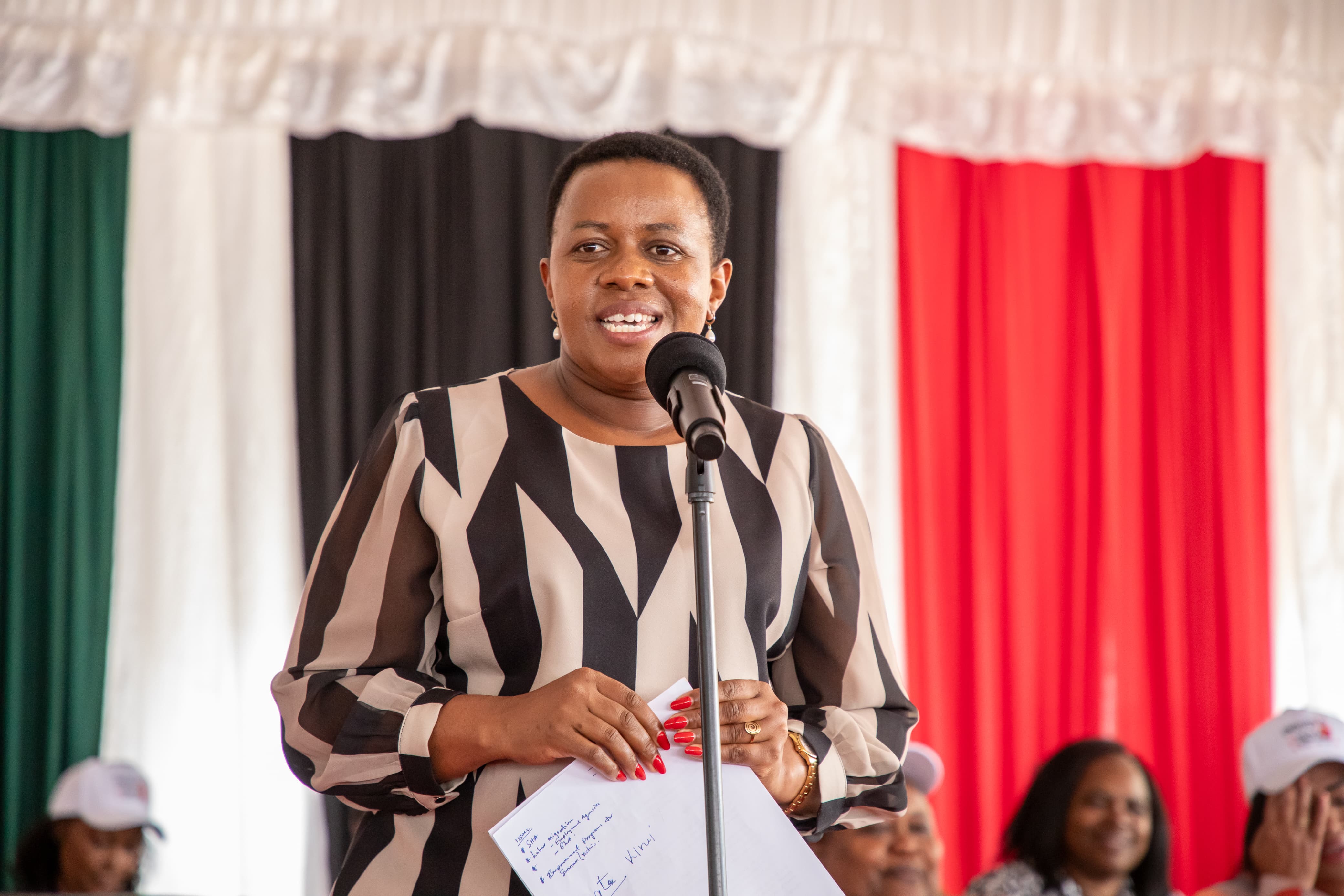 Principal Secretary in the State Department of the Prime Cabinet Secretary Office Aurelia Chepkurui Rono delivering the speech of Prime Cabinet Secretary Musalia Mudavadi during the launch of 16 days of Activism against GBV in Wote town 