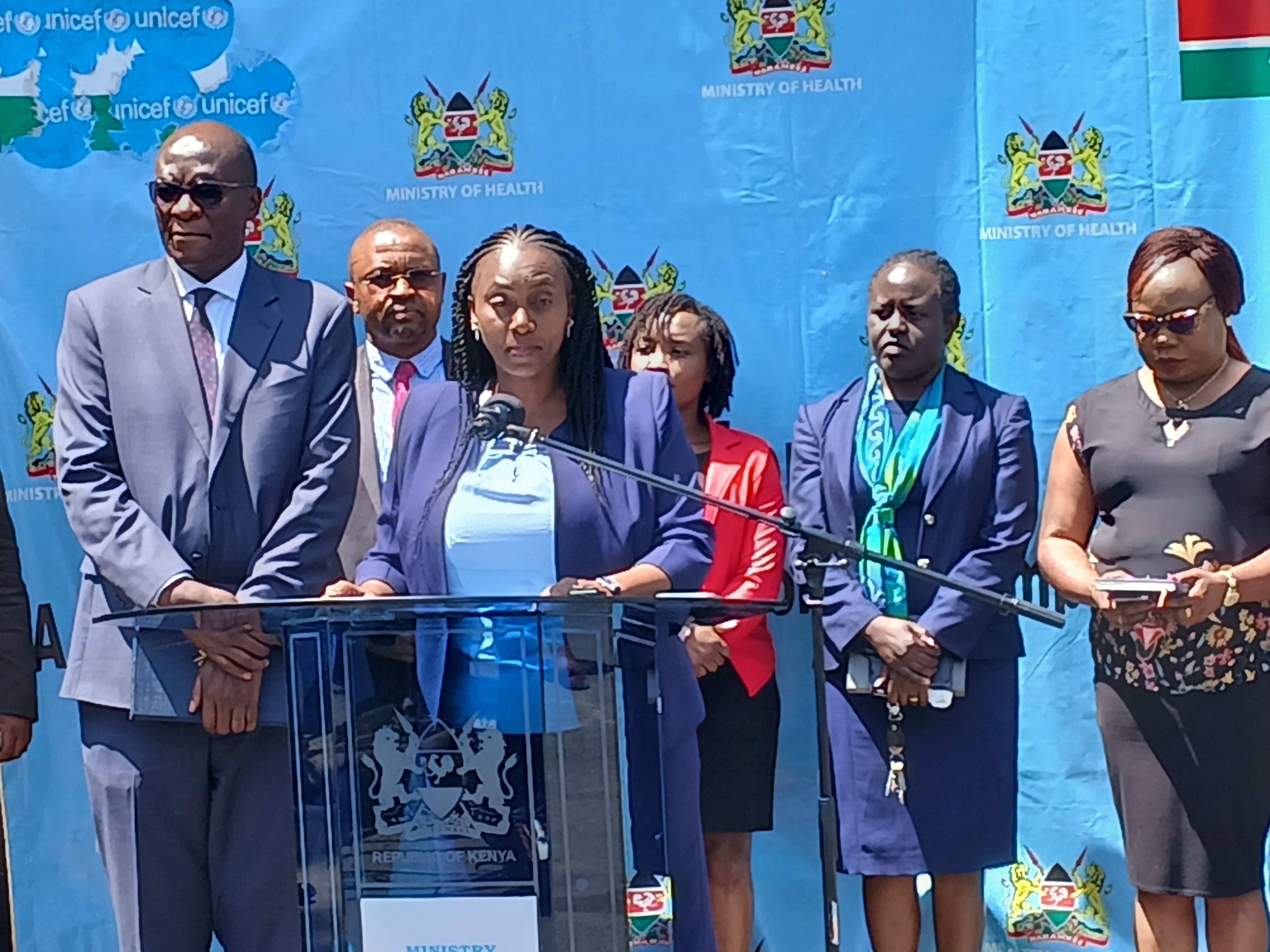 Public Health and Professional Standards PS Mary Muriuki addressing the media on the state of Health in Kenya at Afya House Grounds, Nairobi. Looking on is the Director General for Health Dr. Patrick Amoth and other representatives from the Ministry of Health.