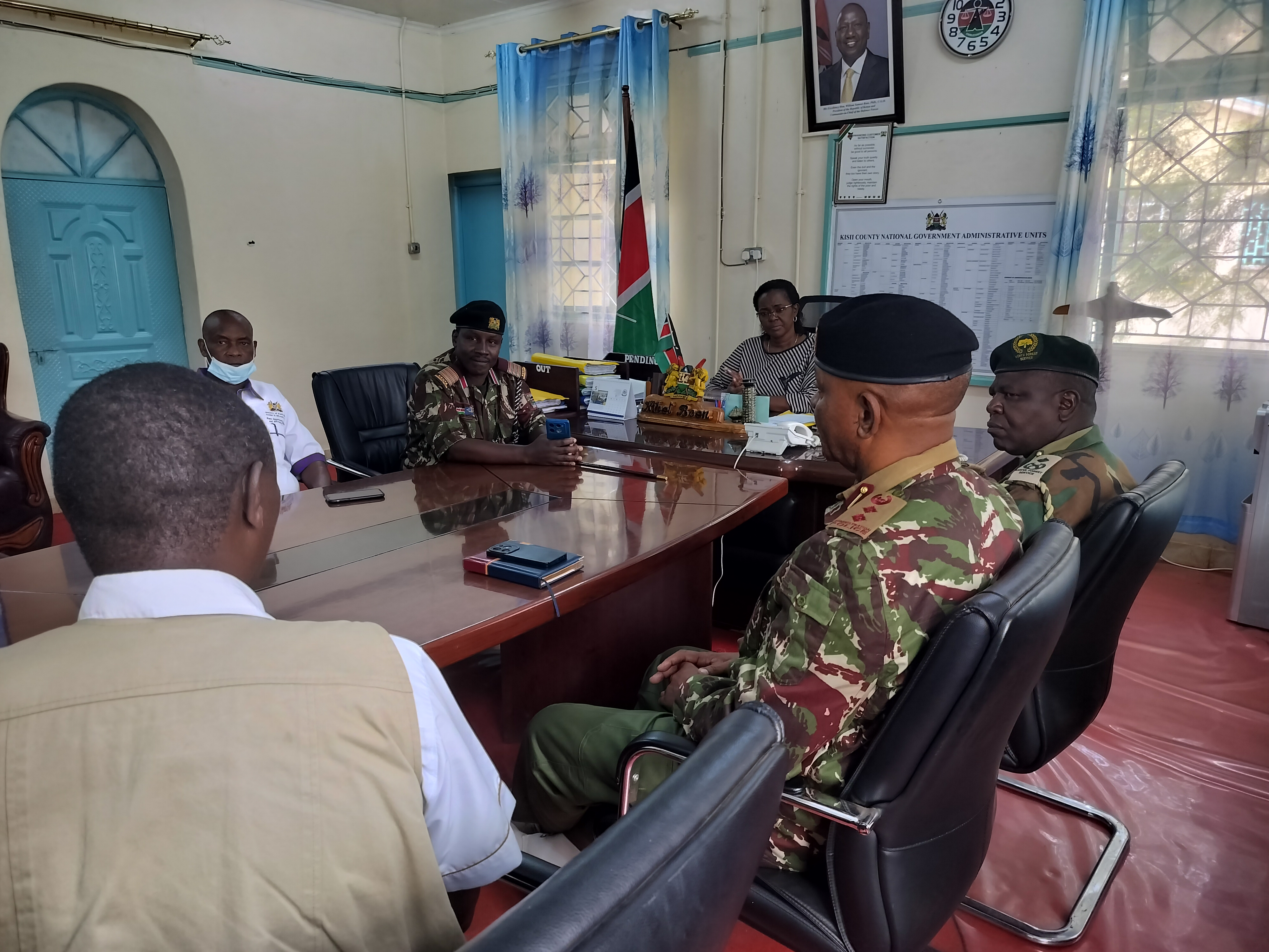 State Department for Gender and Affirmative Action Principal Secretary, Anne Wang'ombe (center) at the Kisii County Commissioner's office in Kisii town, Kisii County.