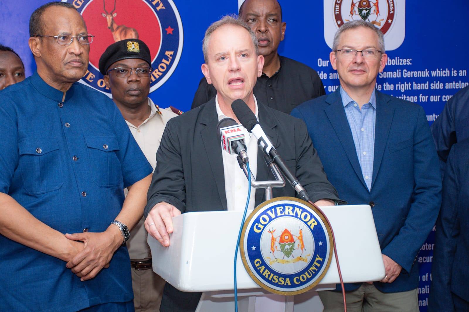 UN Resident Coordinator Stephen Jackson during a press briefing at the Garissa county headquarters. He said that these teams are working to bring the two sides of the equation together; development investment and security for sustainable development.