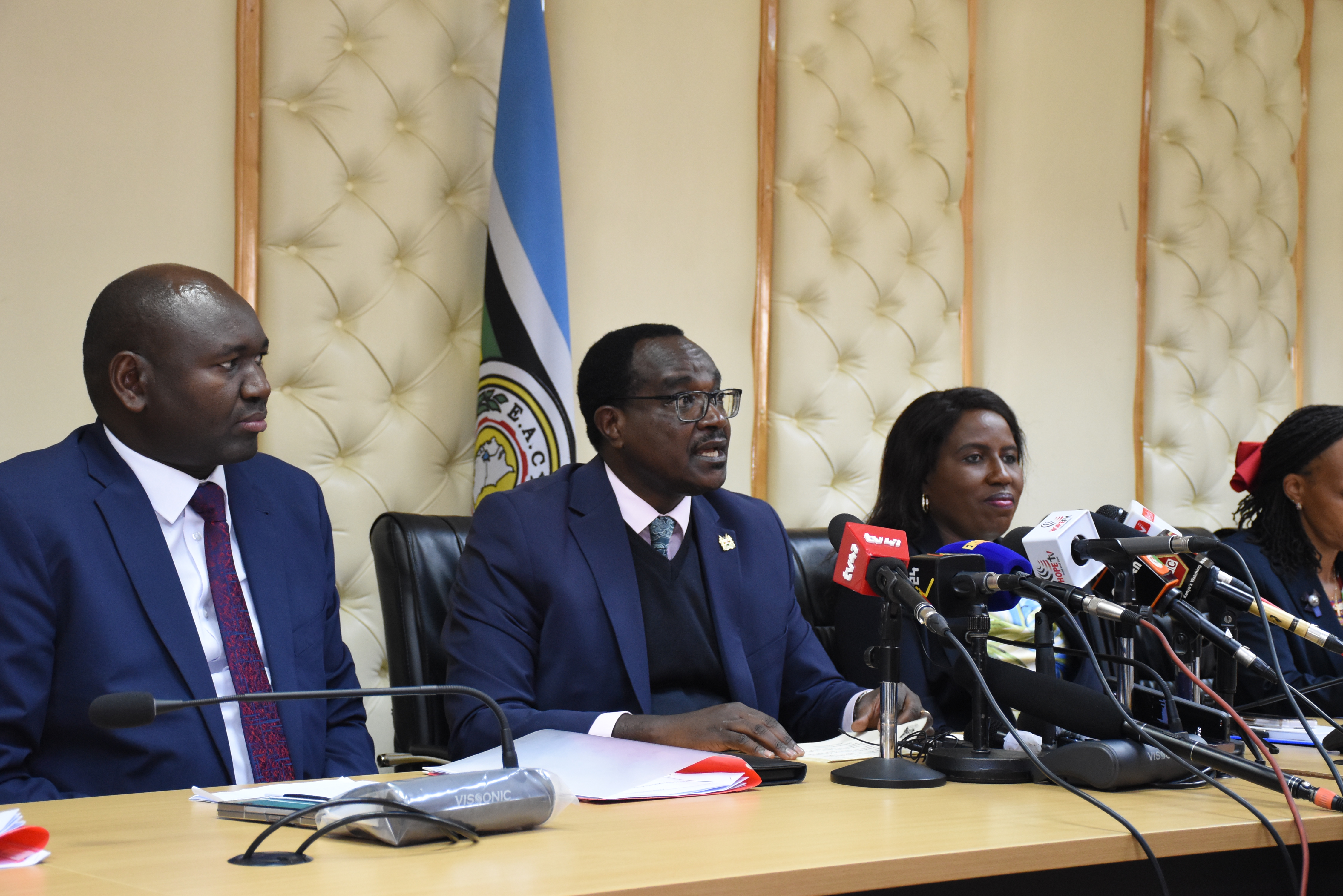 Cabinet Secretary for Education, Julius Migos Ogamba (center), addresses the media during a press briefing on the university and college placement results, at the Ministry of Education headquarters, Jogoo House B, Nairobi. PHOTO/ DANIEL KAMAU