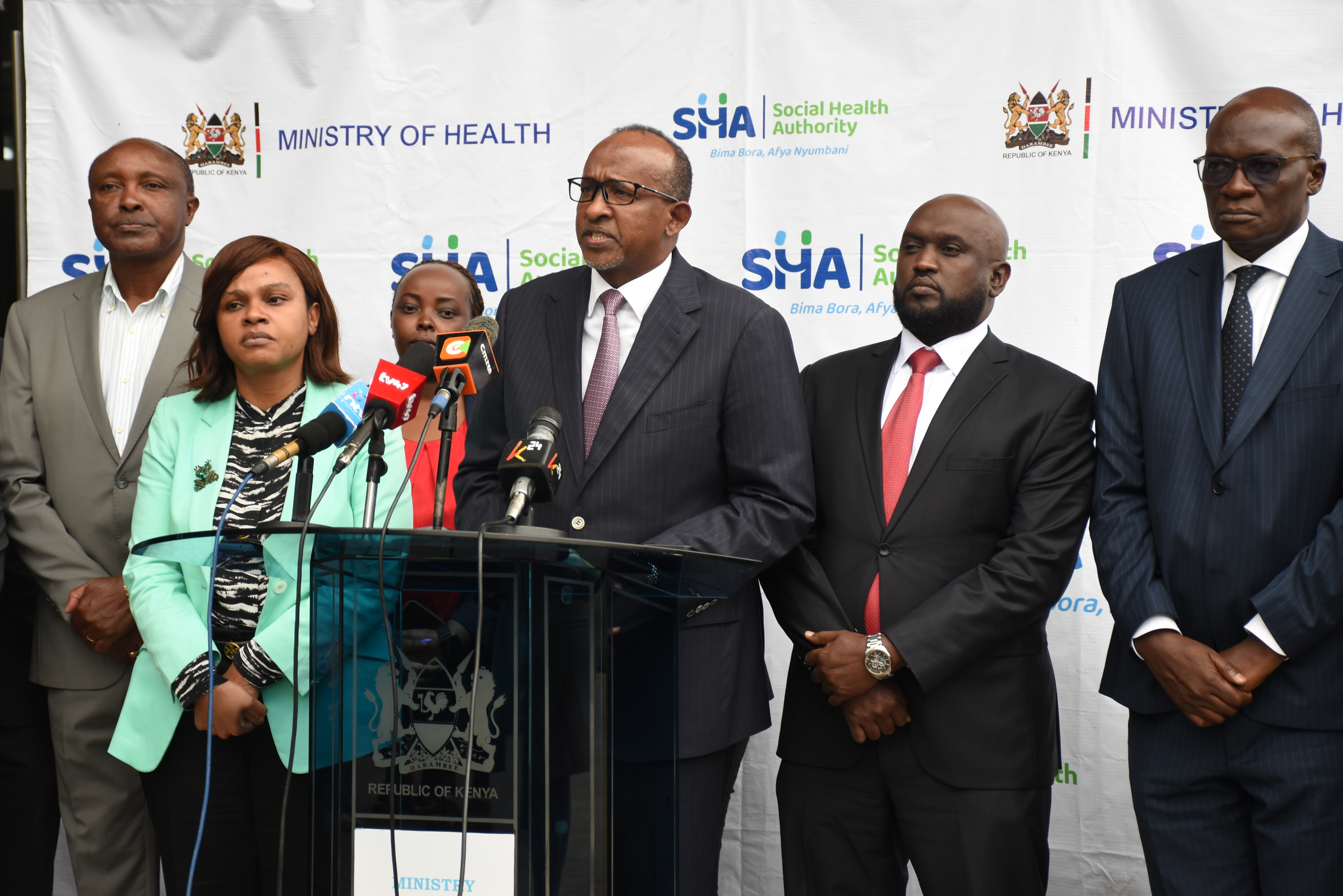 Cabinet Secretary for Health, Aden Duale, speaking during a press briefing on key developments related to the implementation of the Social Health Authority (SHA) 