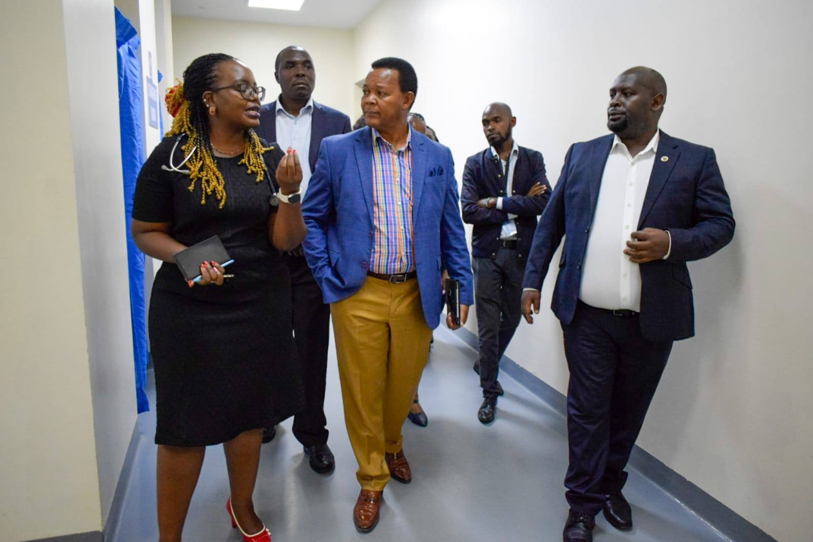 County Director for Medical Services, Dr Daniel Wainaina (right), flanked by members of the Nakuru County Teaching and Referral Hospital (NCTRH) Board, led by the Chairman, Bishop Philip Nderitu (Second right), on a tour of the Regional Cancer Centre recently. PHOTO/MARY OCHIENG