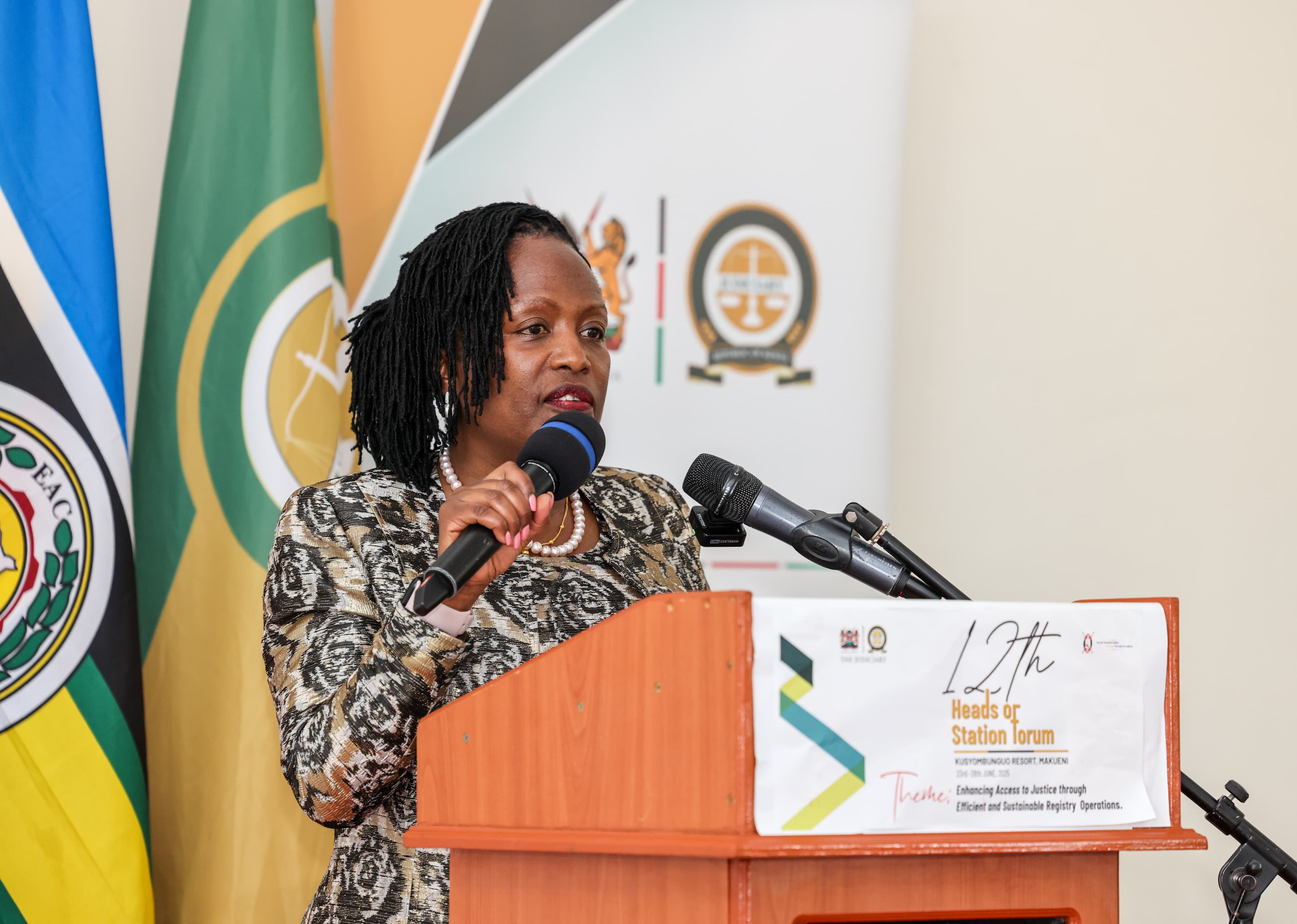 udiciary Chief Registrar Winfridah Mokaya addressing the 12th Annual Head of Stations Forum at a Hotel
