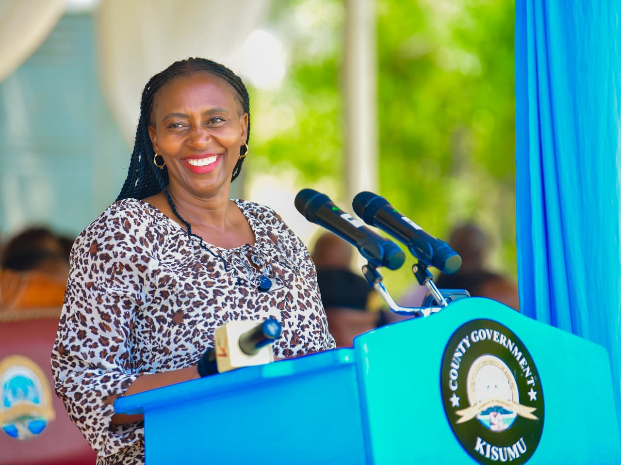 Public Health and Professional Standards Principal Secretary (PS) Mary Muthoni speaking during the launch of the Kenya Quality Model for Health Plus (KQMH+) programme at Angola Health Centre in Kisumu East Sub-County. Photo by Chris Mahandara