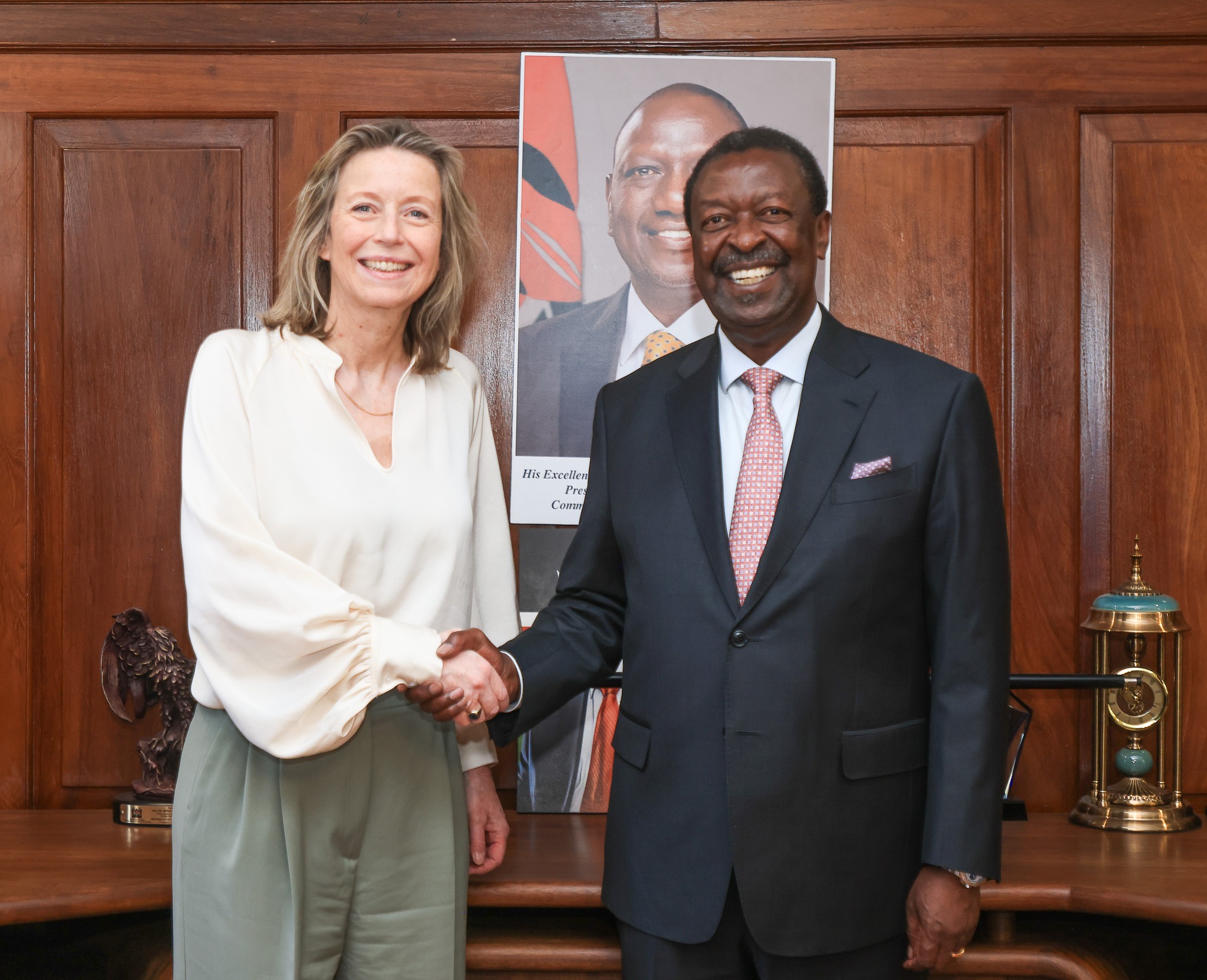 Prime Cabinet Secretary and Cabinet Secretary (CS) for Foreign and Diaspora Affairs, Musalia Mudavadi (Right), and the European Union (EU) Special Representative for Human Rights, Kajsa Ollongren, during a high-level bilateral meeting in Nairobi 