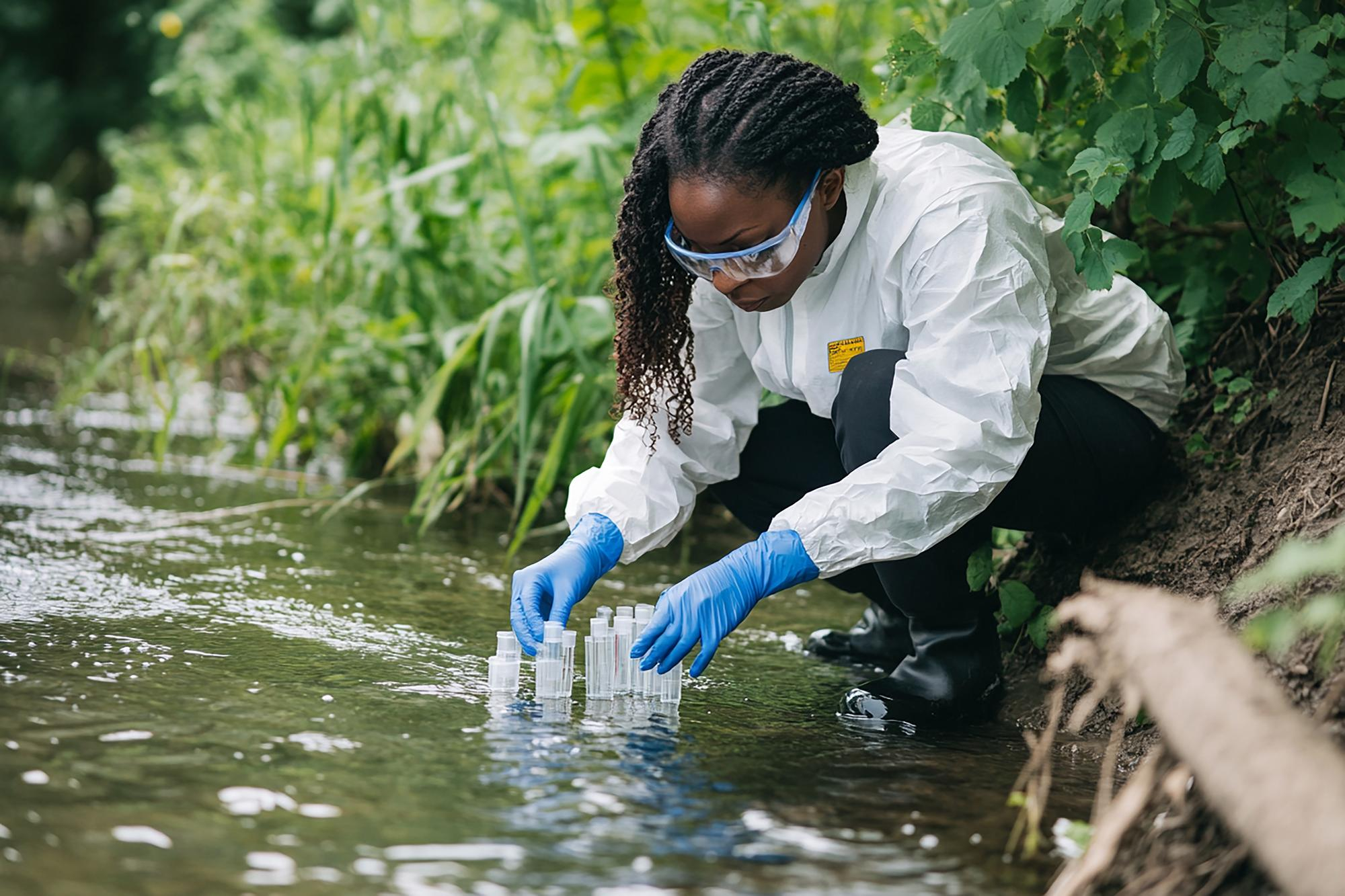 A researcher collecting wastewater samples from a river in Kenya.