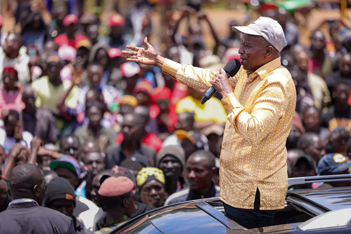 Deputy President, Prof Kithure Kindiki, addresses residents at Maili Saba in Cherangany Constituency during an inspection tour of national government sponsored projects.