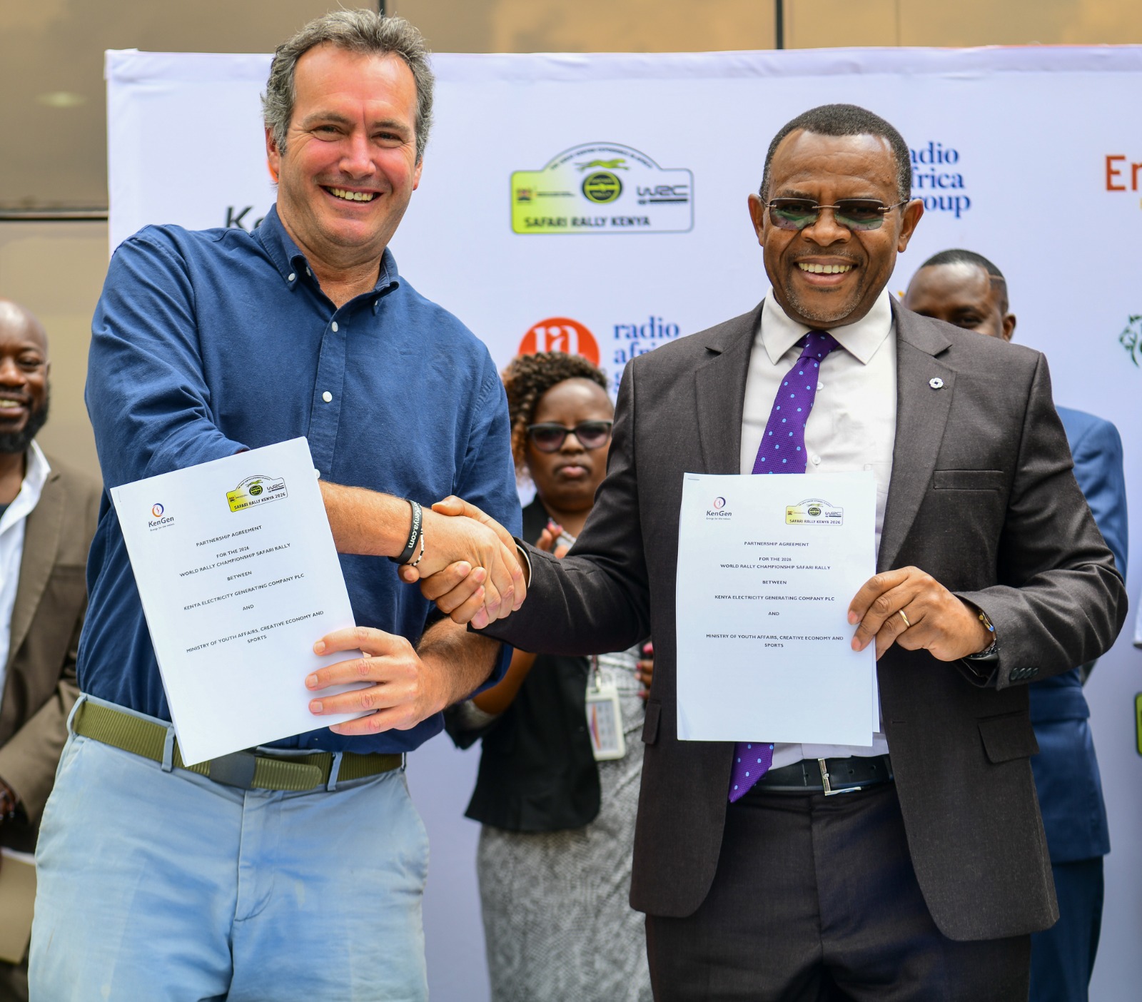 KenGen Managing Director and CEO Eng. Peter Njenga with WRC Carl Tundo after signing a partnership agreement to support the 2026 WRC Safari Rally at KenGen Head Quarters Nairobi. 