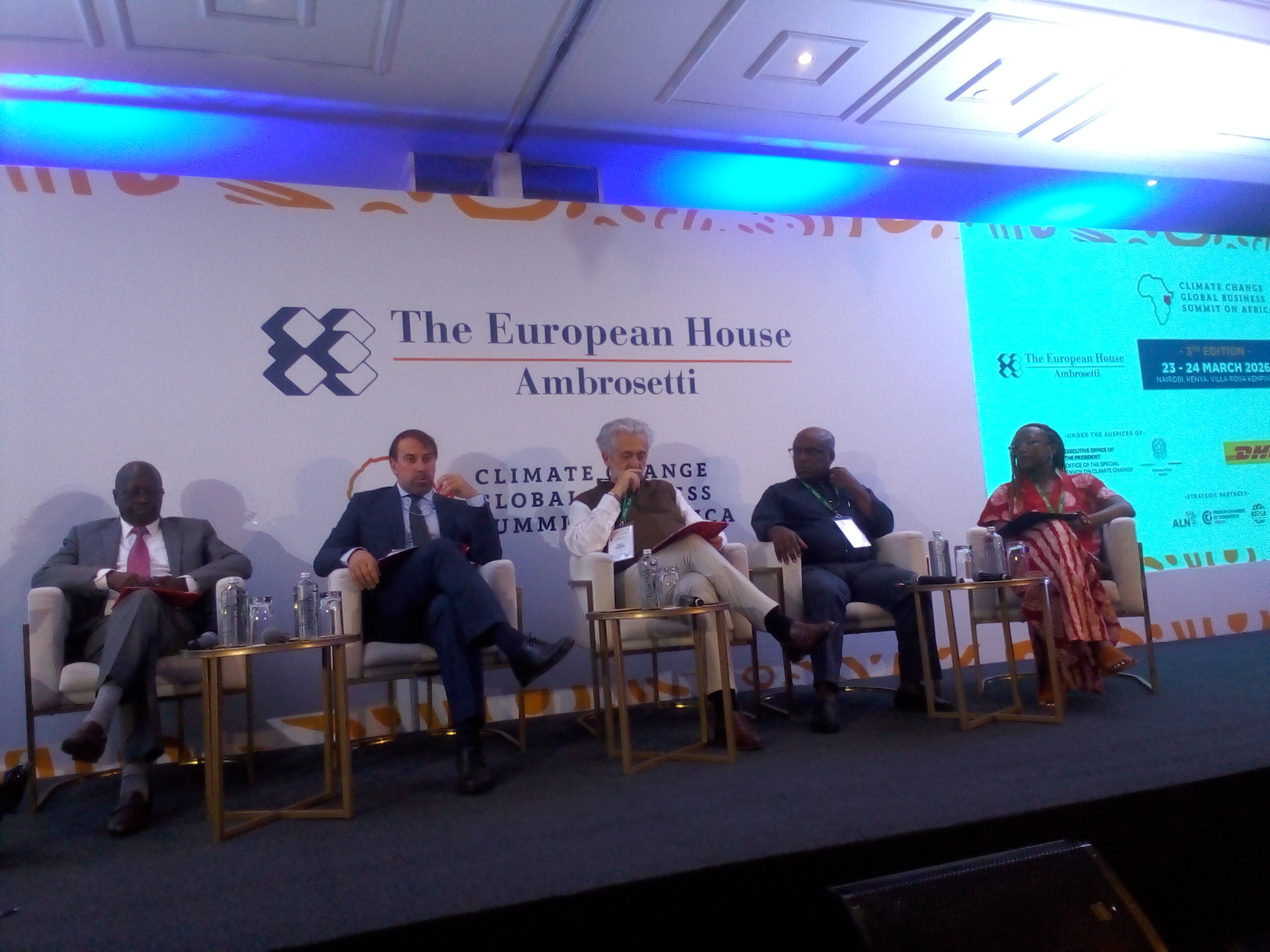 (L-R) Baringo County Governor Benjamin Cheboi, Marco Rusconi, Director of the Italian Agency for Development Cooperation, Luca Alinovi CEO and Founder at Aflabox and Mwangi Wamae, a member of the Board Finance and Investments Committee as well as the Board Audit and Risk Committee and the Director at Mount Kenya Investment Limited during a Plenary session of a high-level forum in Nairobi.