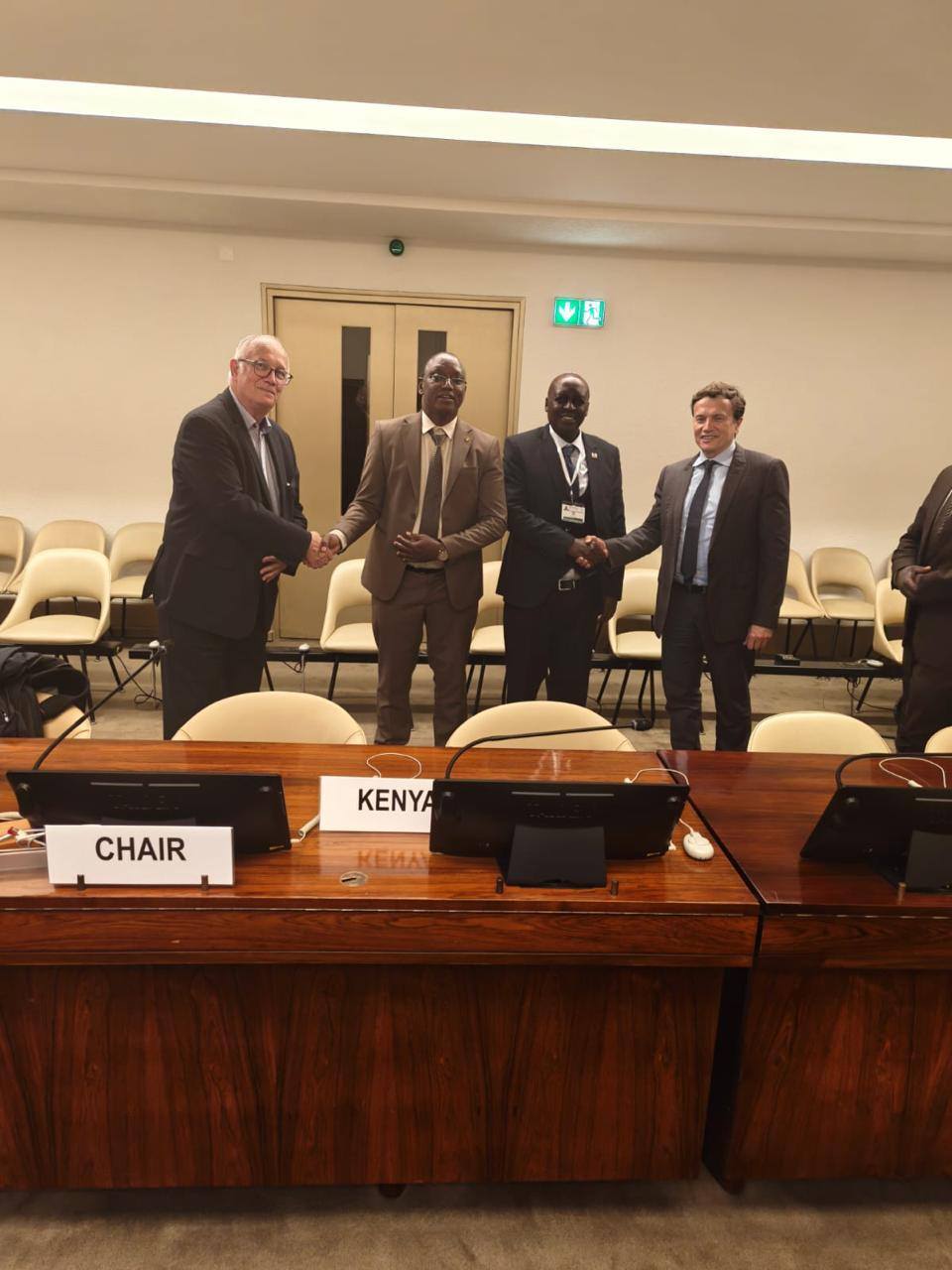 State Department for Roads Principal Secretary Eng. Joseph Mbugua (second from right) on the sidelines of the Working Party on General Safety Provisions (GRSG WP.29) Sessions in Geneva.