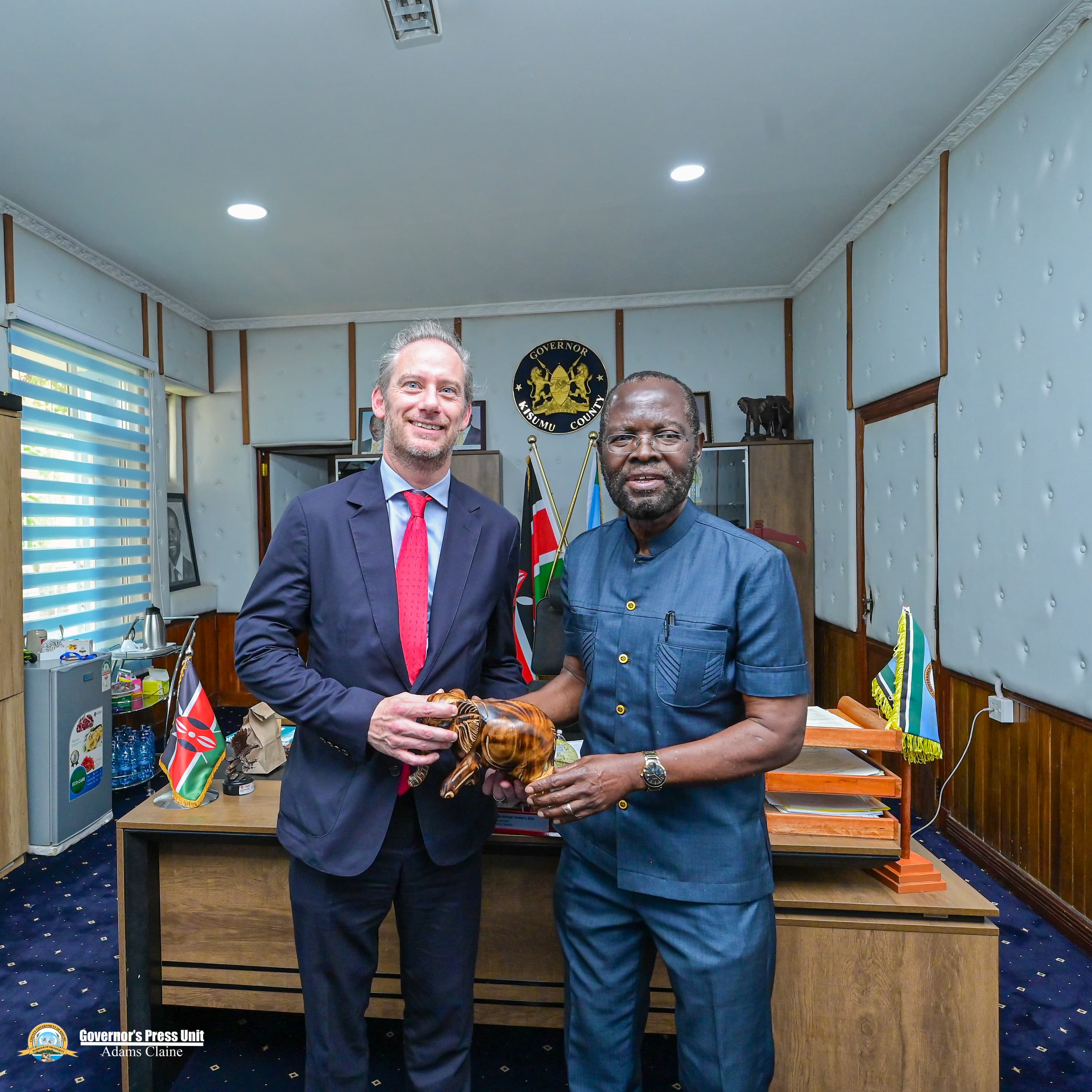 Kisumu County Governor, Prof.Anyang Nyongo, with the French Ambassador to Kenya, Arnaud Suquet, during a courtesy call before the launch of the recording studio at Mama Grace Social Hall. 