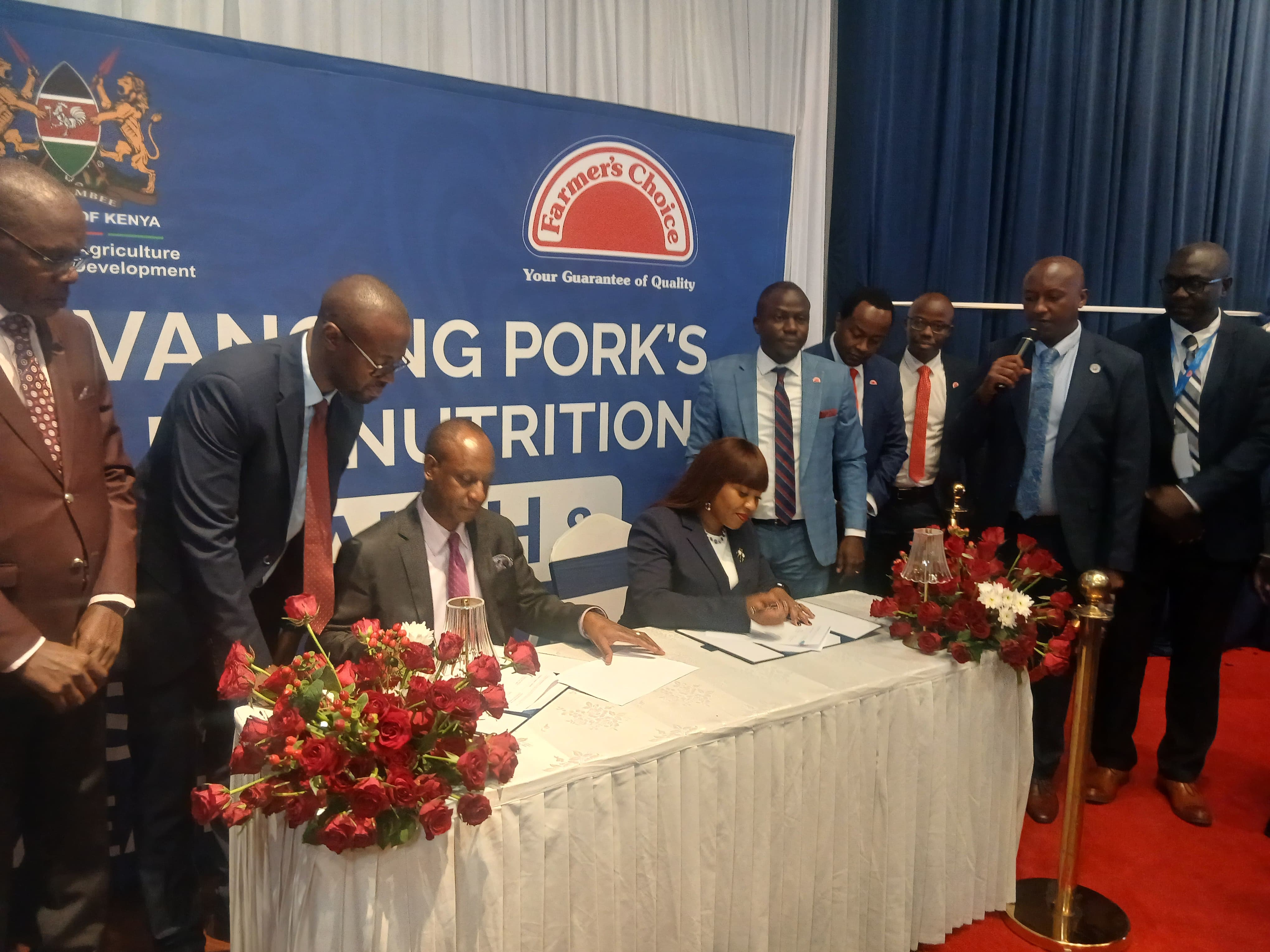 Principal Secretary (PS) for Livestock Development Jonathan Mueke (seated left) during the National Stakeholders’ Sensitisation Forum for the Pig Value Chain. 