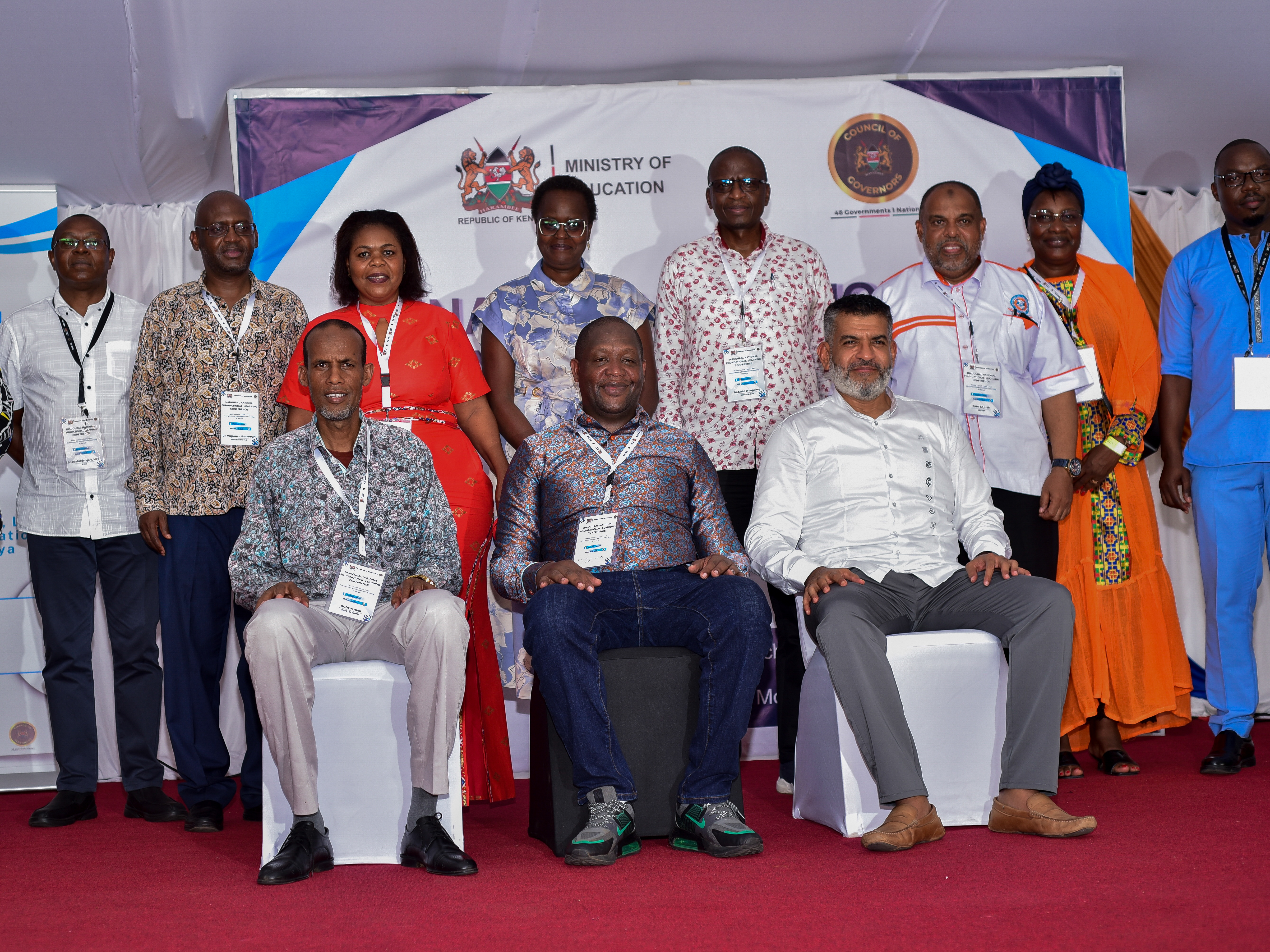 Kericho county Governor, H.E. Dr. Erick Mutai (seated centre), Mombasa county Governor, H.E. Abdulswamad Shariff Nassir (seated right), the Director General of Education, Dr. Elyas Abdi (seated left), and members of the technical Committee during the conference.