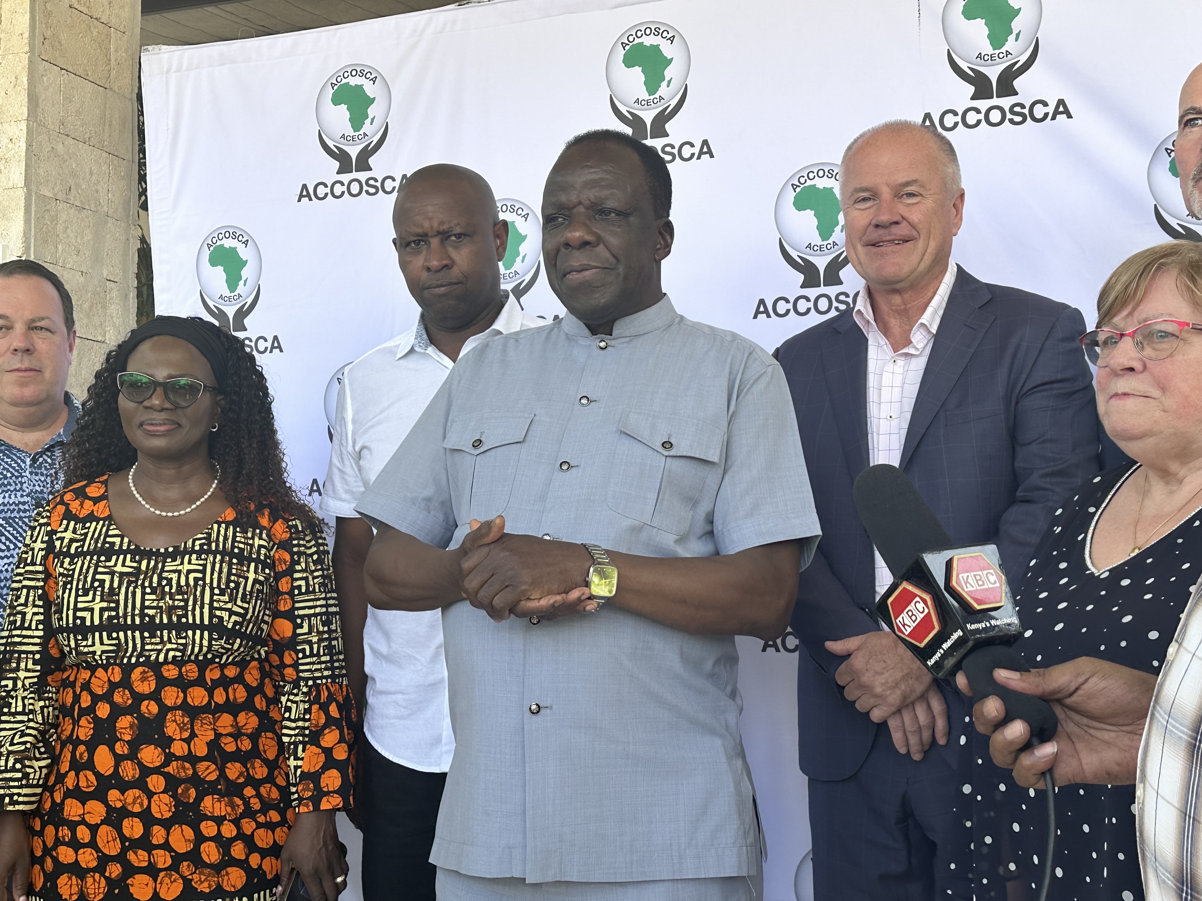 Cabinet Secretary for Cooperatives and MSMEs, Wycliffe Oparanya, addresses the media during a press briefing in Mombasa, flanked by delegates from the African Confederation of Cooperative Savings and Credit Associations and the World Council of Credit Unions. PHOTO: CHARI SUCHE