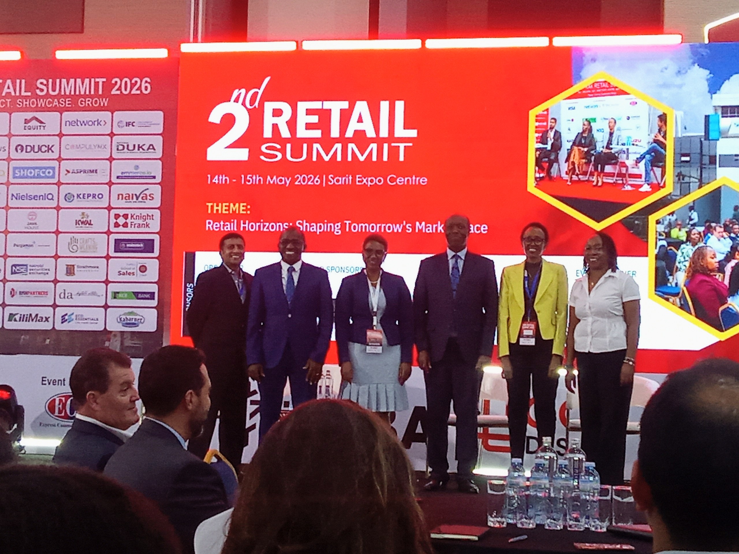 Ministry of Investment, Trade and Industry Cabinet Secretary, Lee Kinyanjui (third from right), during the Retrak 2nd Retail Summit in Nairobi. PHOTO: CATHERINE ODOYO