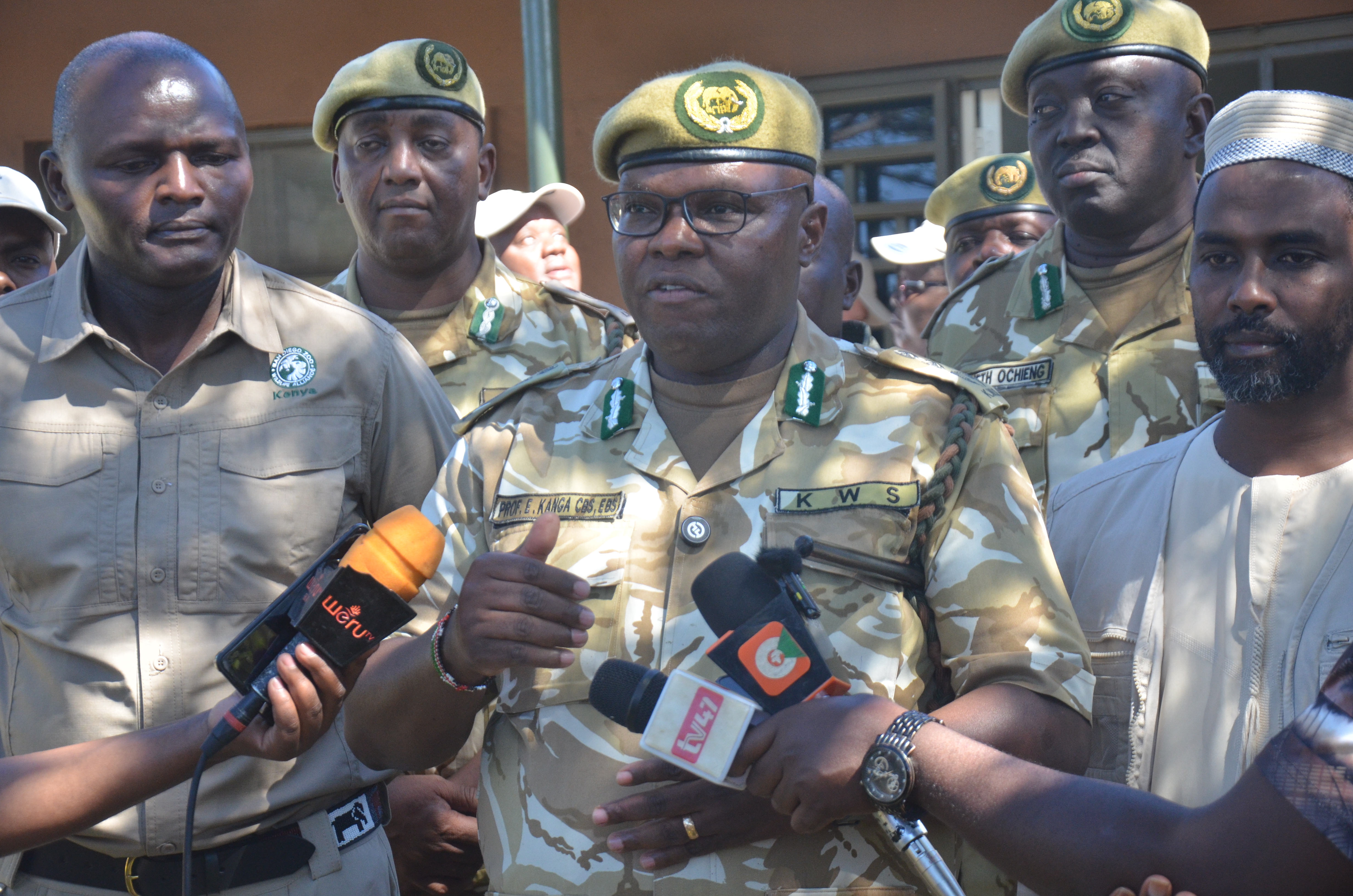Kenya Wildlife Service (KWS) Director General, Prof Erastus Kanga, addressing journalists during the launch of a diagnostic Laboratory in Lewa Conservancy. PHOTO: DICKSON MWITI