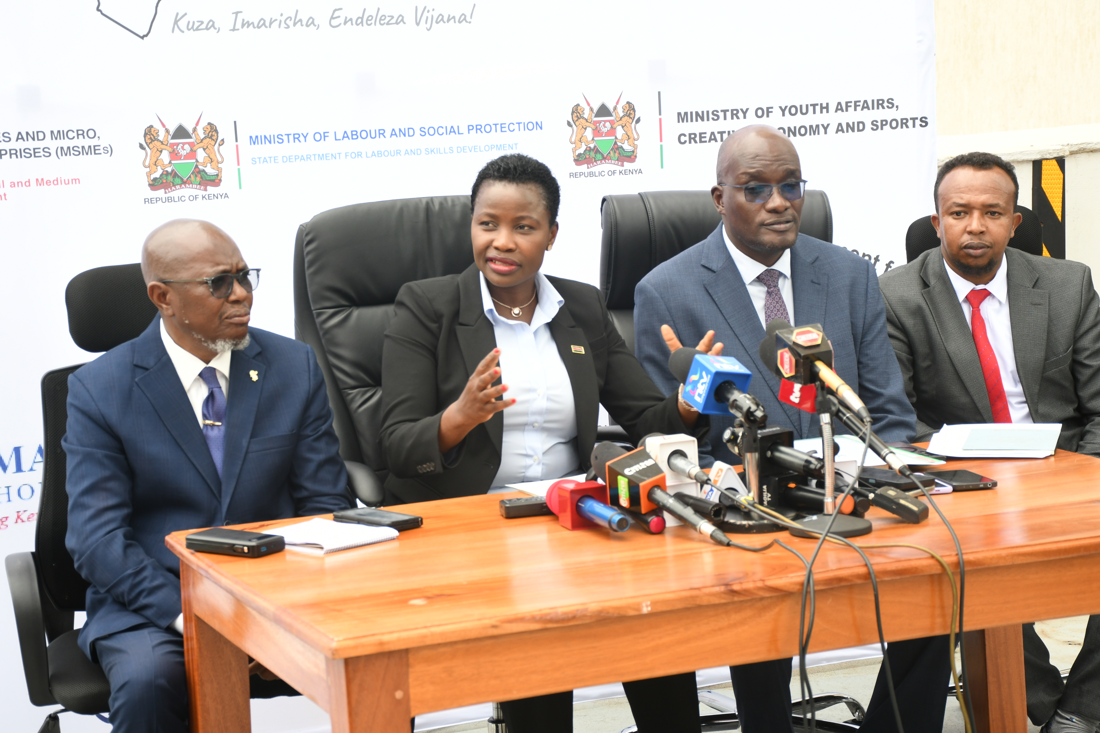 PS, State Department for MSMEs Development Susan Mang’eni (centre), Financial Services Advisor for the Presidential Secretariat Moses Mbanda (left) and CEO for MSME. Authority Henry Ridhaa (2nd from right) and Mohammed Doyo Secretary for MSMEs (right)