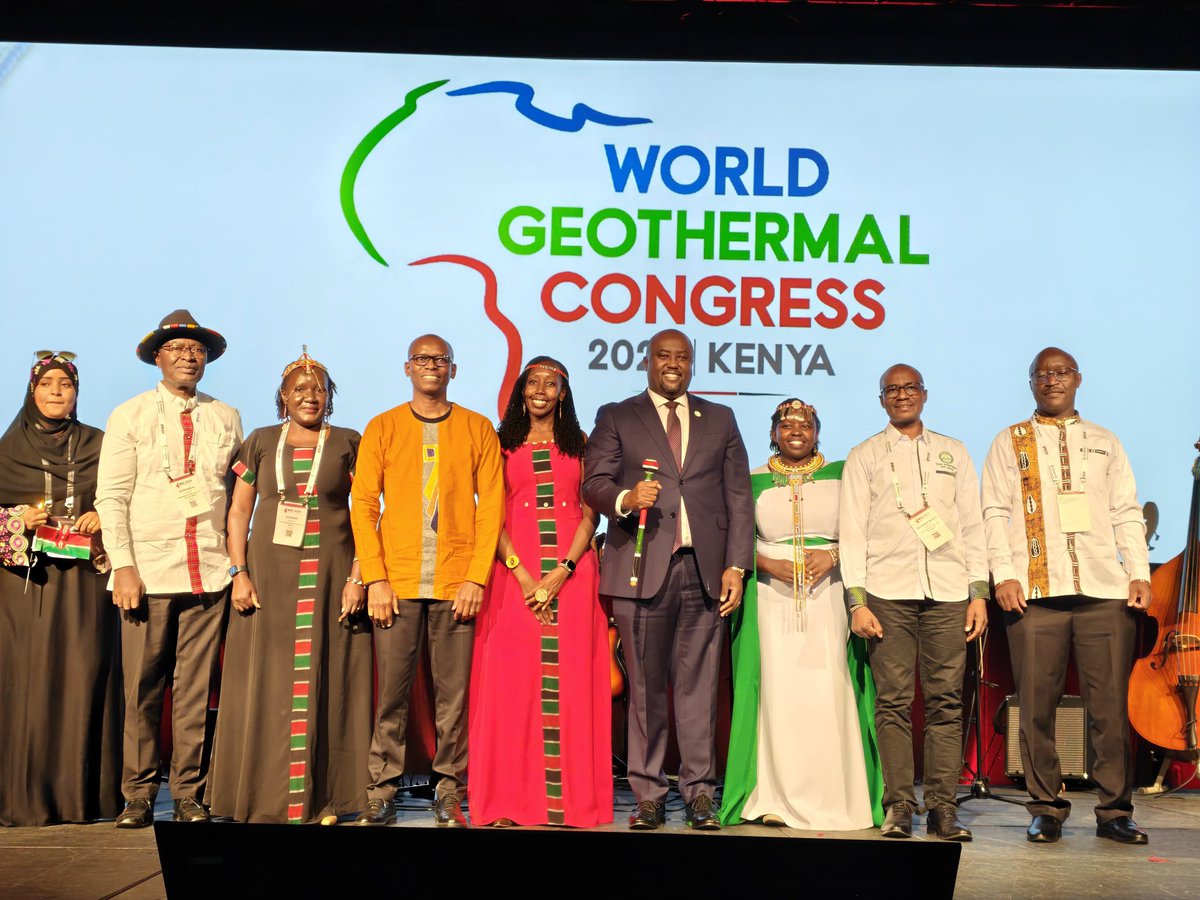 Principal Secretary for Energy Alex Wachira (centre, in suit) and members of Team Kenya pose for a photo after receiving the World Geothermal Congress 2029 hosting rights during the handover ceremony in Calgary, Canada. Nairobi will become the first African city to host the global geothermal gathering.
