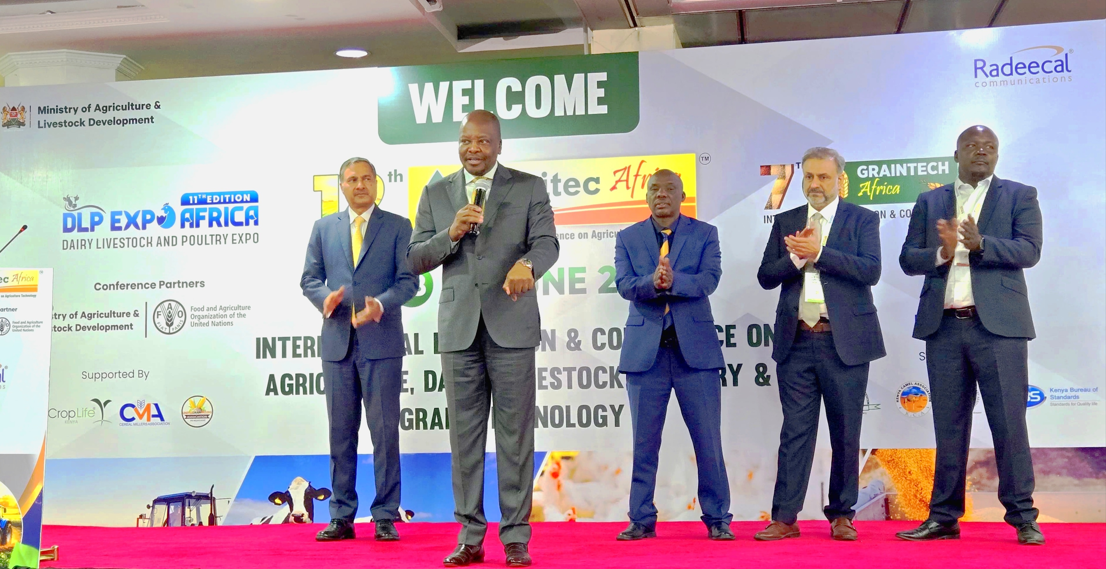 Agriculture and Livestock Development Cabinet Secretary Mutahi Kagwe addresses participants during the opening of the 12th Agritec Africa Exhibition at KICC, Nairobi. PHOTO: NANCY OMONDI
