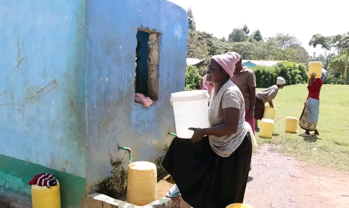 Residents of Keiyo Ward in Trans Nzoia County collecting water from one of the points erected by the County government.