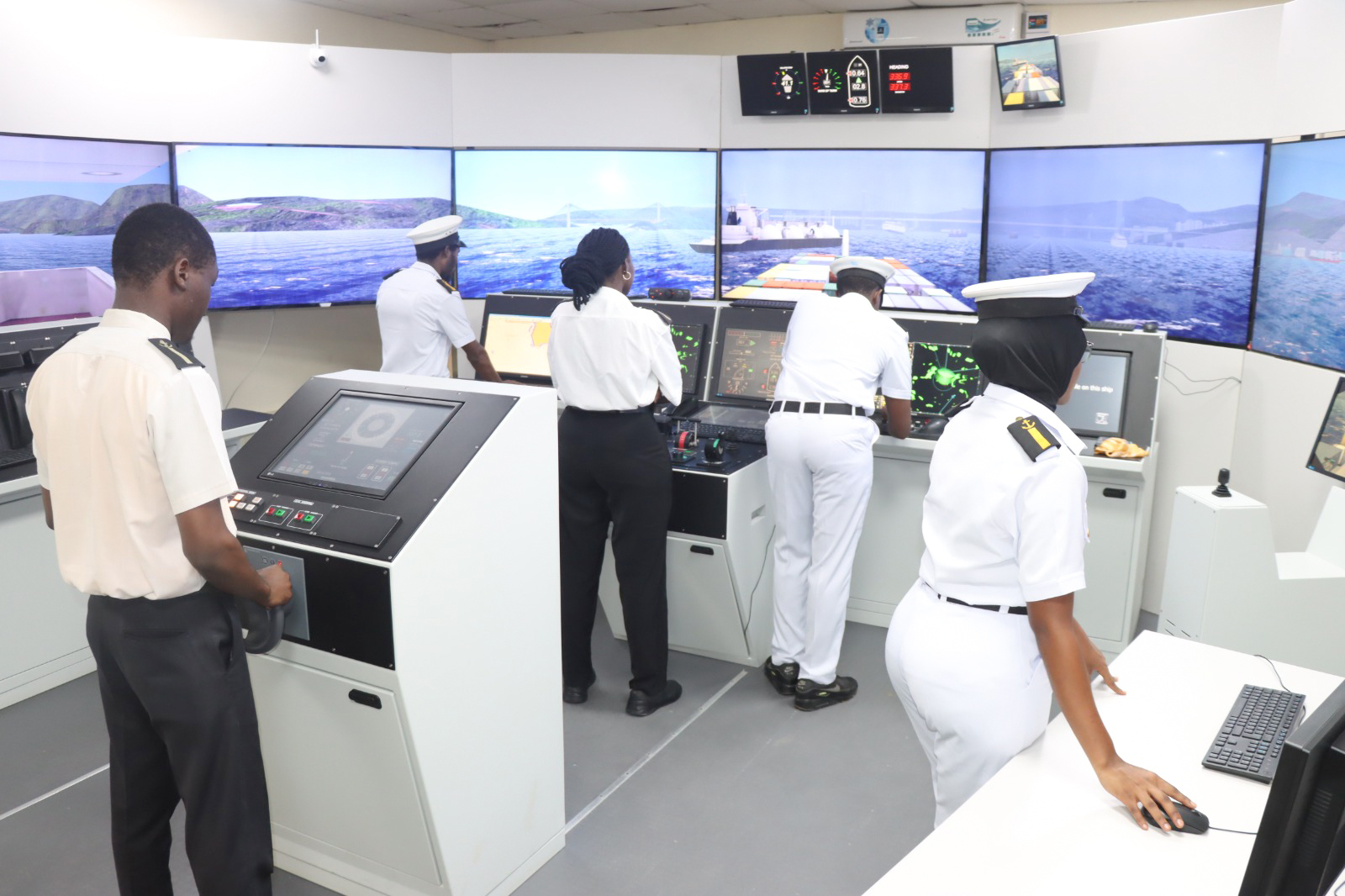 Bandari Maritime Academy Students during a practical lesson at the Full Mission Bridge Simulator.
