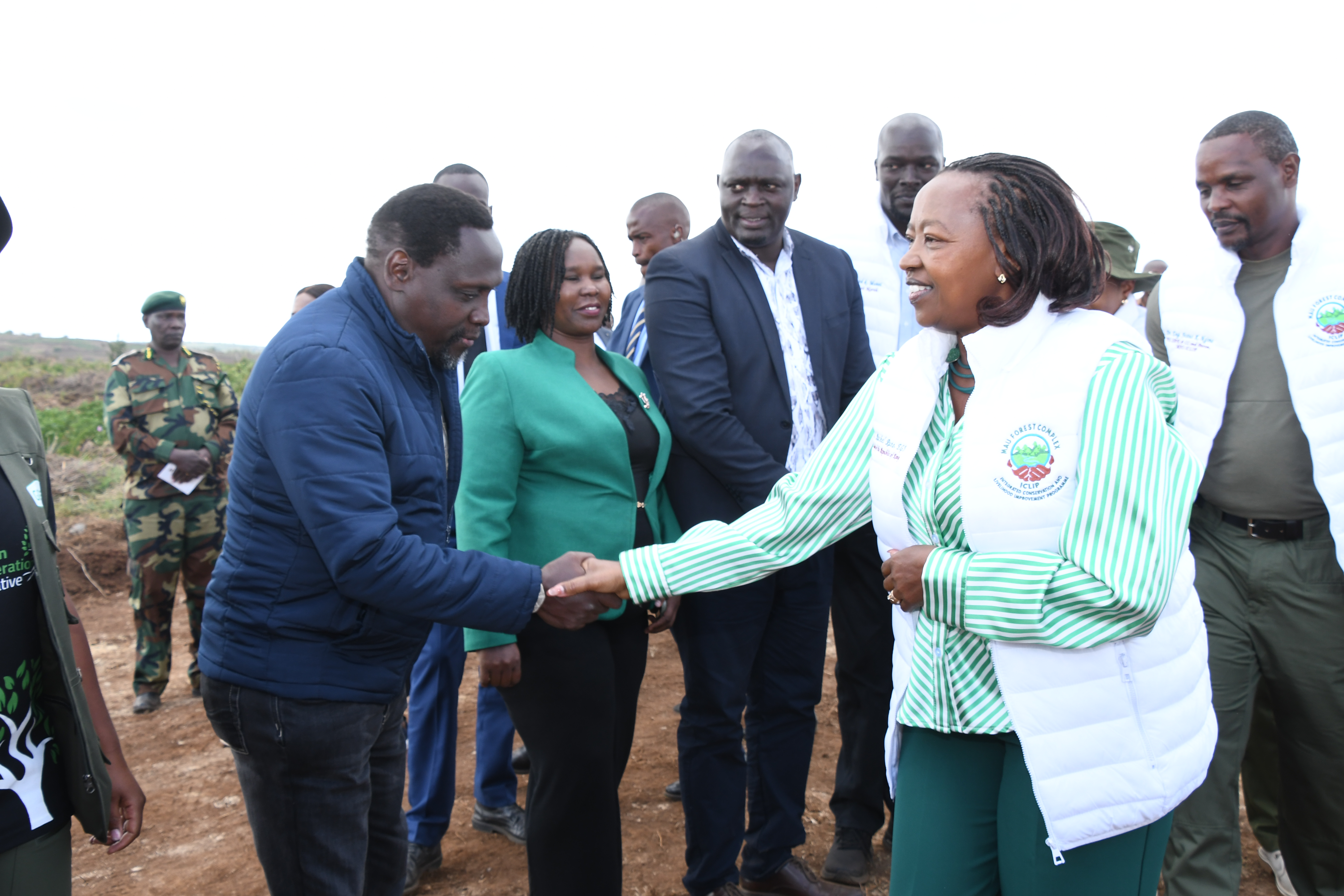 First Lady Rachel Ruto is received by Director of Land Reclamation and Climate Resilience for Water and Food Security Thandi Githae at Bararget Forest, Marindas Block, in Kuresoi North Constituency 