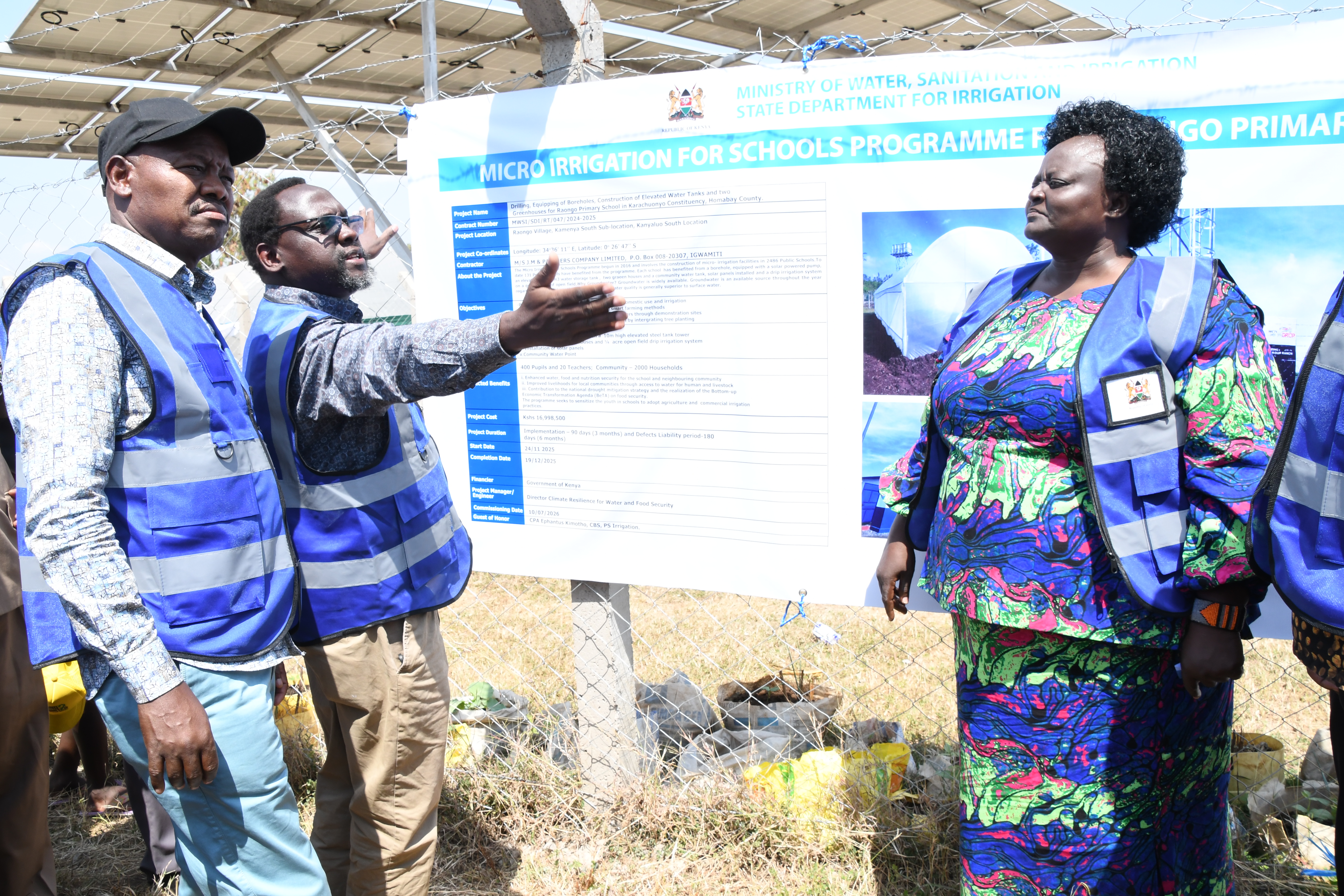 Thande Githae (2nd left), the Director of Climate Resilience for Food and Water Security, explains components of the Raongo Micro Irrigation project to the Secretary of Administration, State Department for Irrigation, David Yatich Kipkemei, and Homa Bay County Women’s Representative Dr Joyce Atieno ‘Bensuda’ (R).