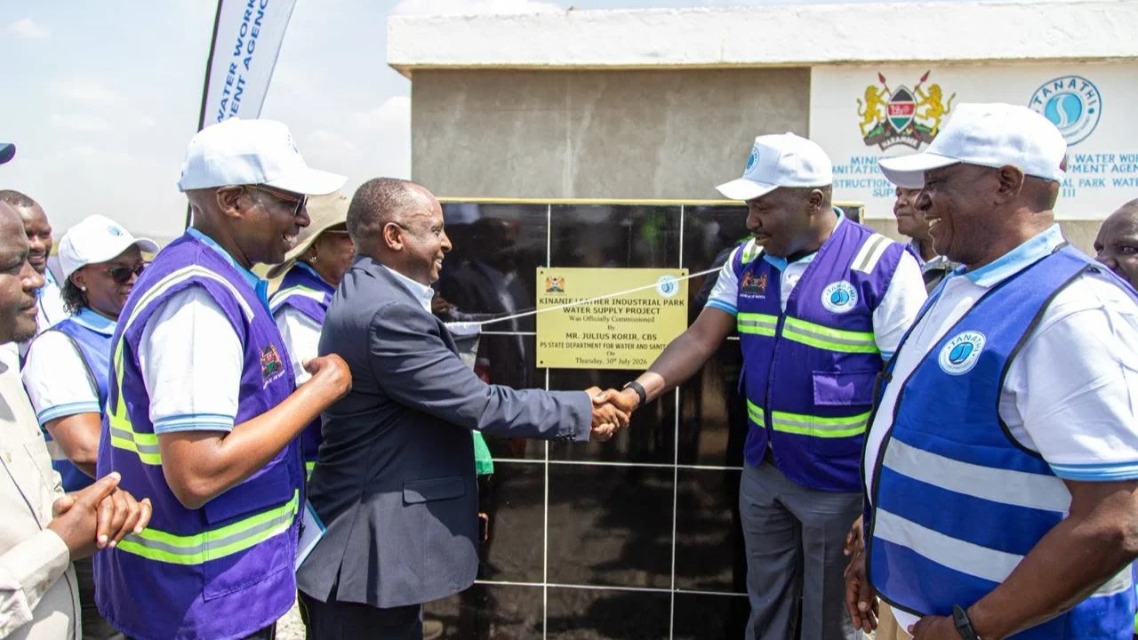 Principal Secretary for Water and Sanitation Julius Korir (second right) commissions the  Kinanie Leather Industrial Park Water Supply Project in Machakos County.