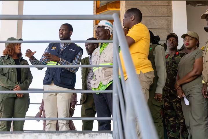  President William Ruto (in a helmet) during an inspection of Endebess Level Four Sub-County Hospital, which is 88 per cent complete.