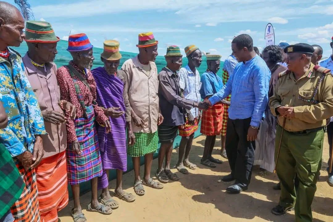 Cabinet secretary for Energy and Petroleum Opiyo Wandayi is received by elders at Amosing, Turkana East sub county ahead of ground breaking ceremony for oil production 