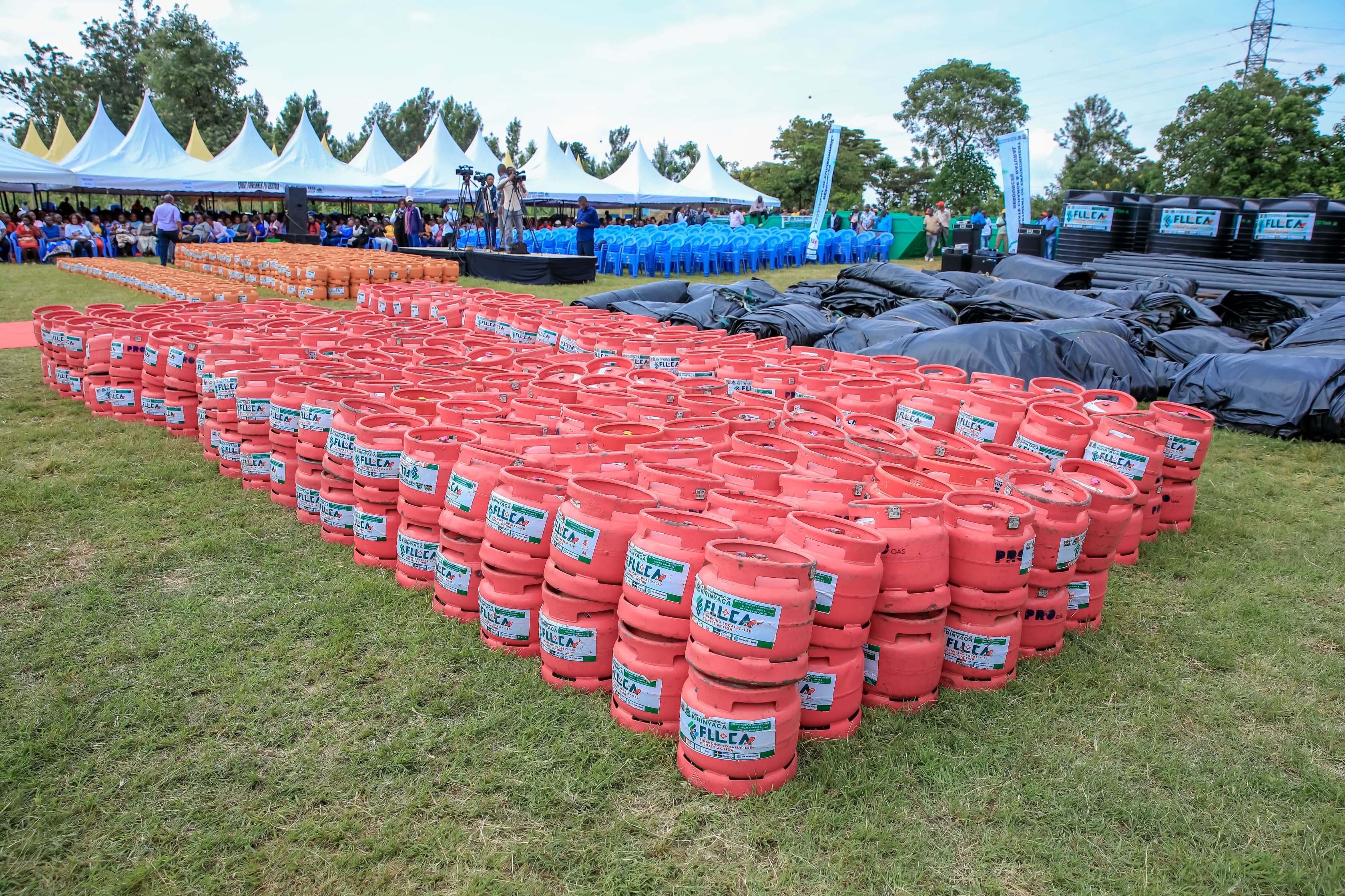 gas cylinders, fish pond liners, tens and chairs and water tanks to be distributed to Kirinyaga women groups.