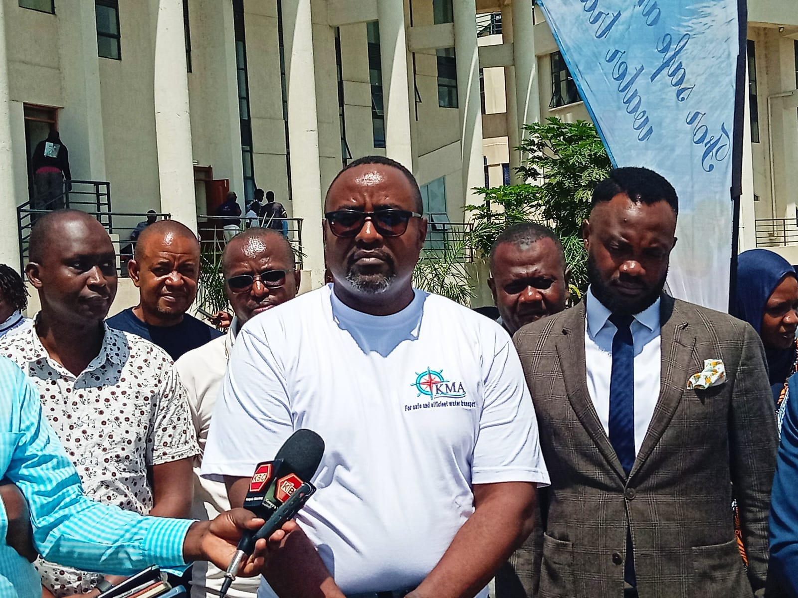 Kenya Maritime Authority (KMA) Nyanza Regional Director, Henry Mosaru, and other officials from KMA, at Bandari Maritime Academy, speaks to the media at Tom Mboya University. PHOTOS BY SITNA OMAR, KNA