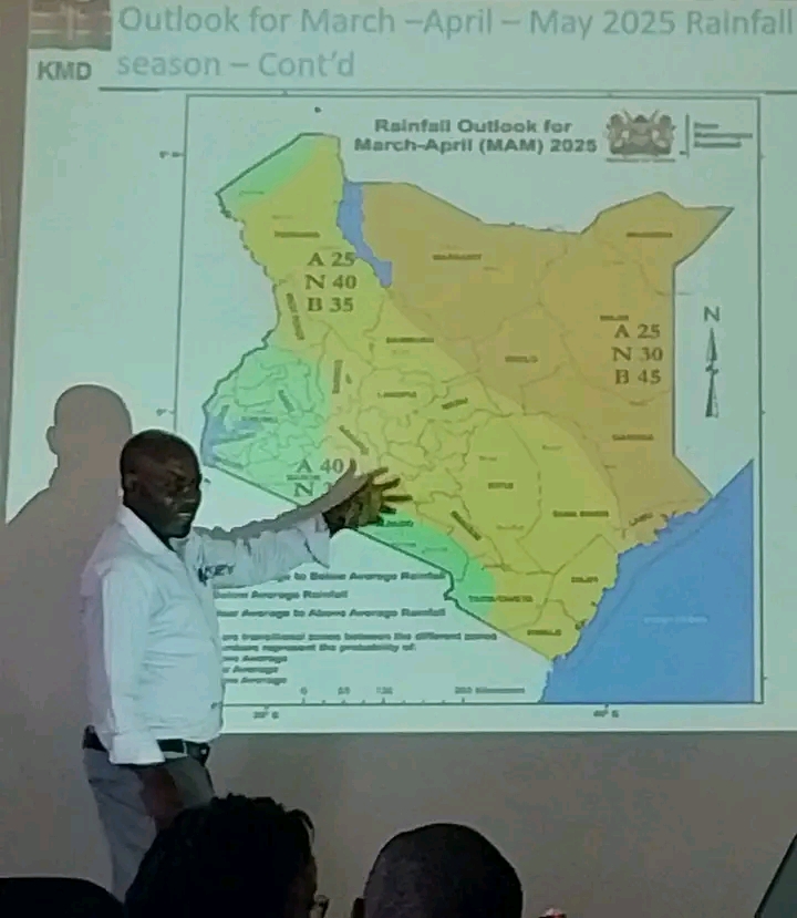 Kajiado County Director of Meteorology Benson Lubanga explaining Kajiado's weather outlook for the March to May rains. Photo/Diana Meneto