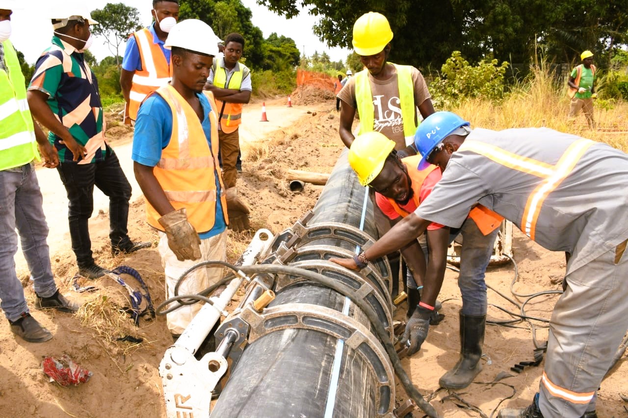 Kwale Water and Sanitation Company Ltd workers installing bulk water pipes in Diani municipality to ease access to clean water and sanitation. Photos/Hussein Abdullahi